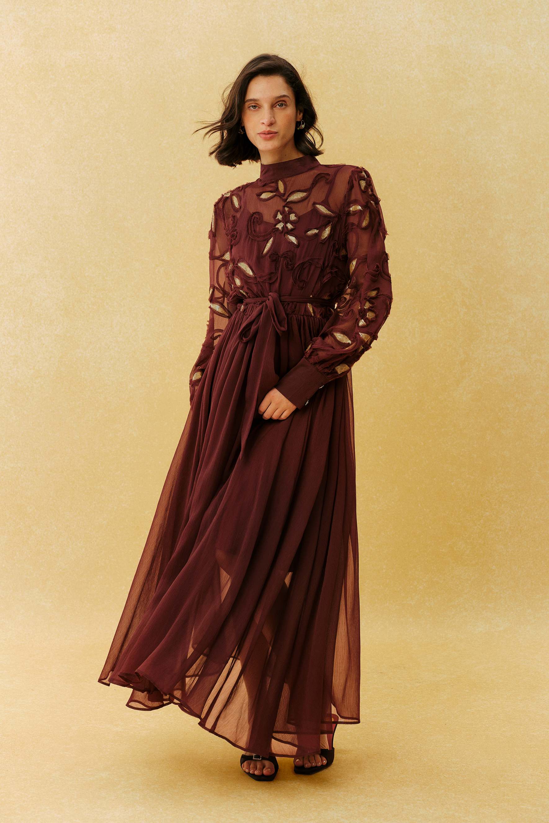 Autumn Affair Burgundy Floral Embroidery Long Sleeve Maxi Dress