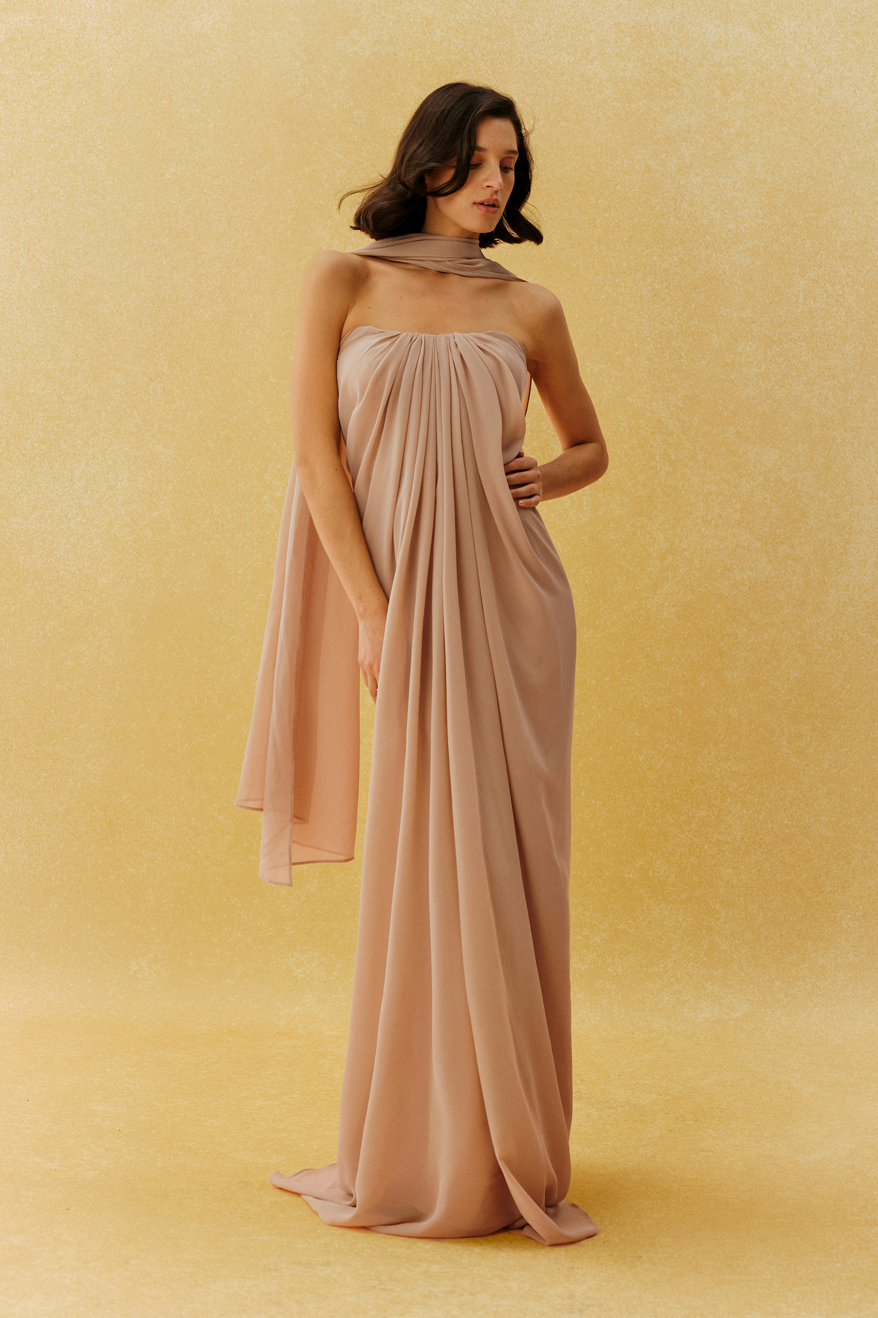 She’s A Muse Khaki Strapless Maxi Dress With Scarf