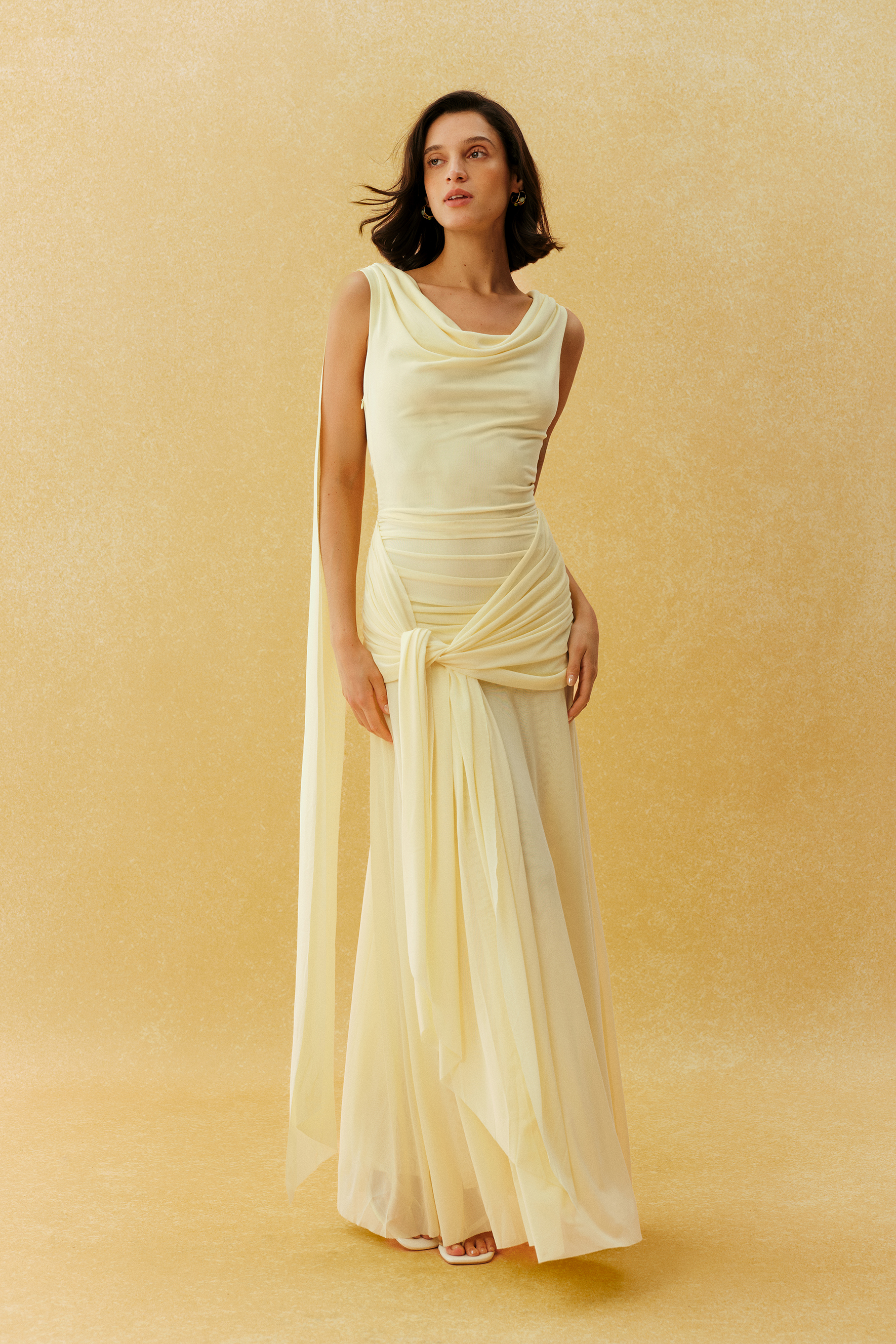 Easy Elegance Yellow Cowl Neck Tie Waist Maxi Dress