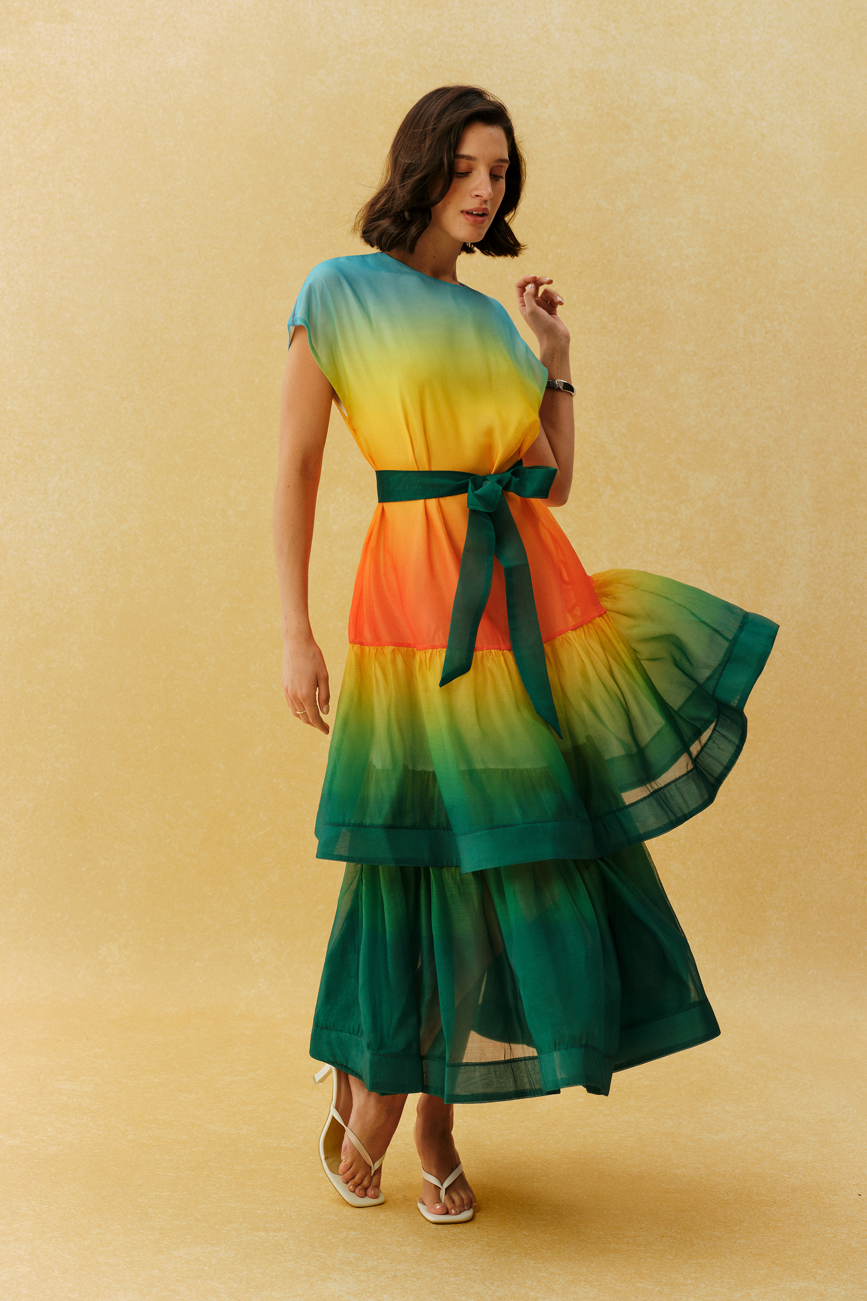 Authentically Yours Multi Gradient Cap Sleeve Tiered Maxi Dress