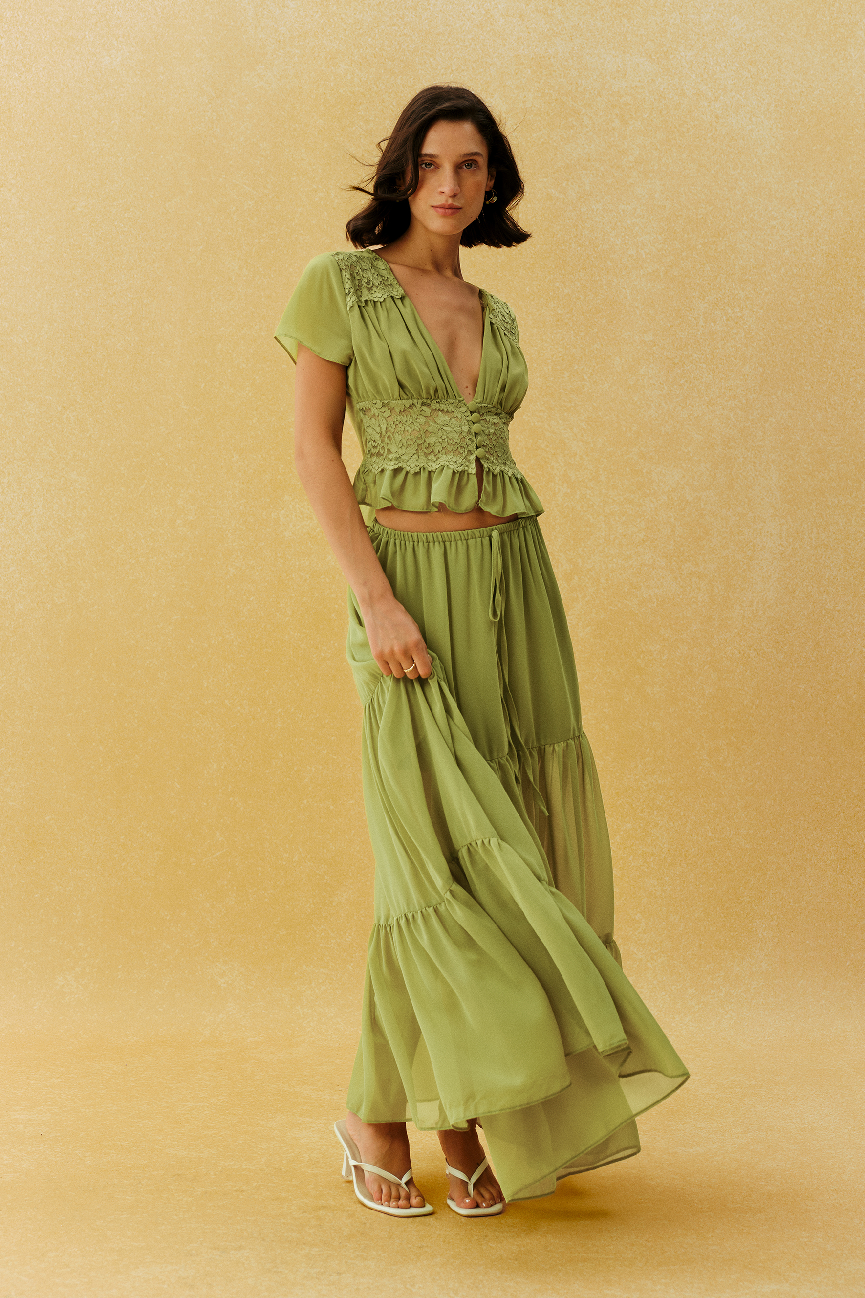 Feeling Like Her Green Short Sleeve Lace Waist Crop Top & Skirt Set