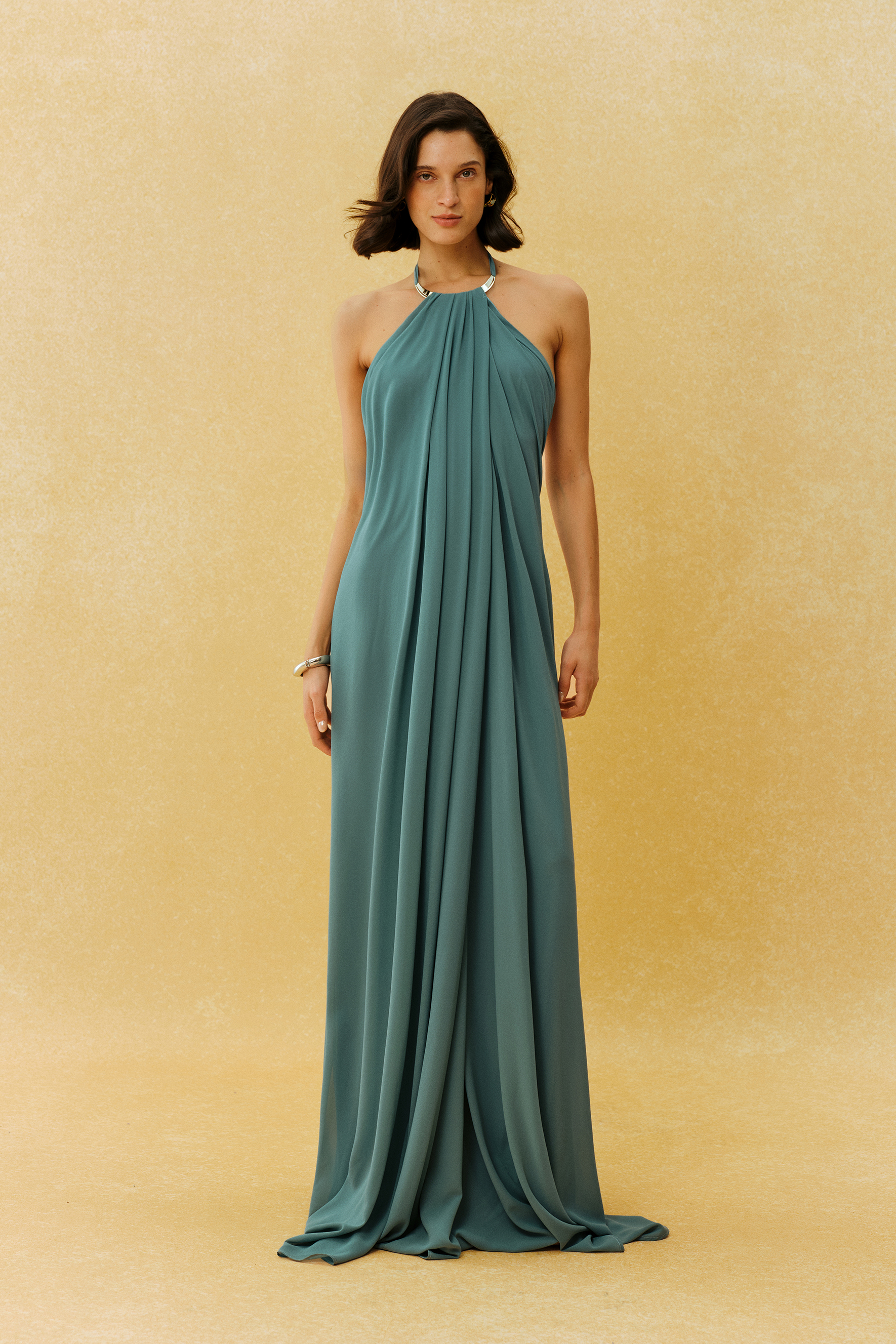 Keep Me Close Sage Green Metal Halter Draped Maxi Dress