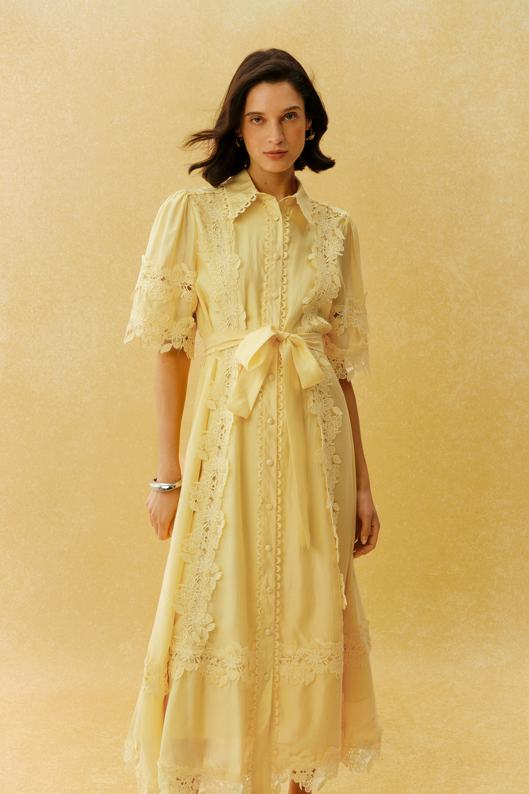 Chasing The Sun Yellow Lace Trim Short Sleeve Midi Dress
