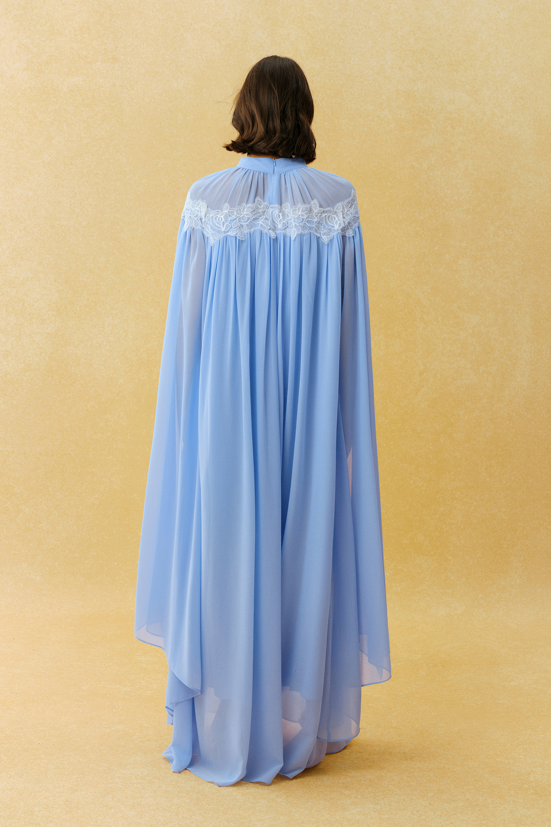 Glamorous Disposition Blue Lace Embroidery Cape Sleeve Maxi Dress
