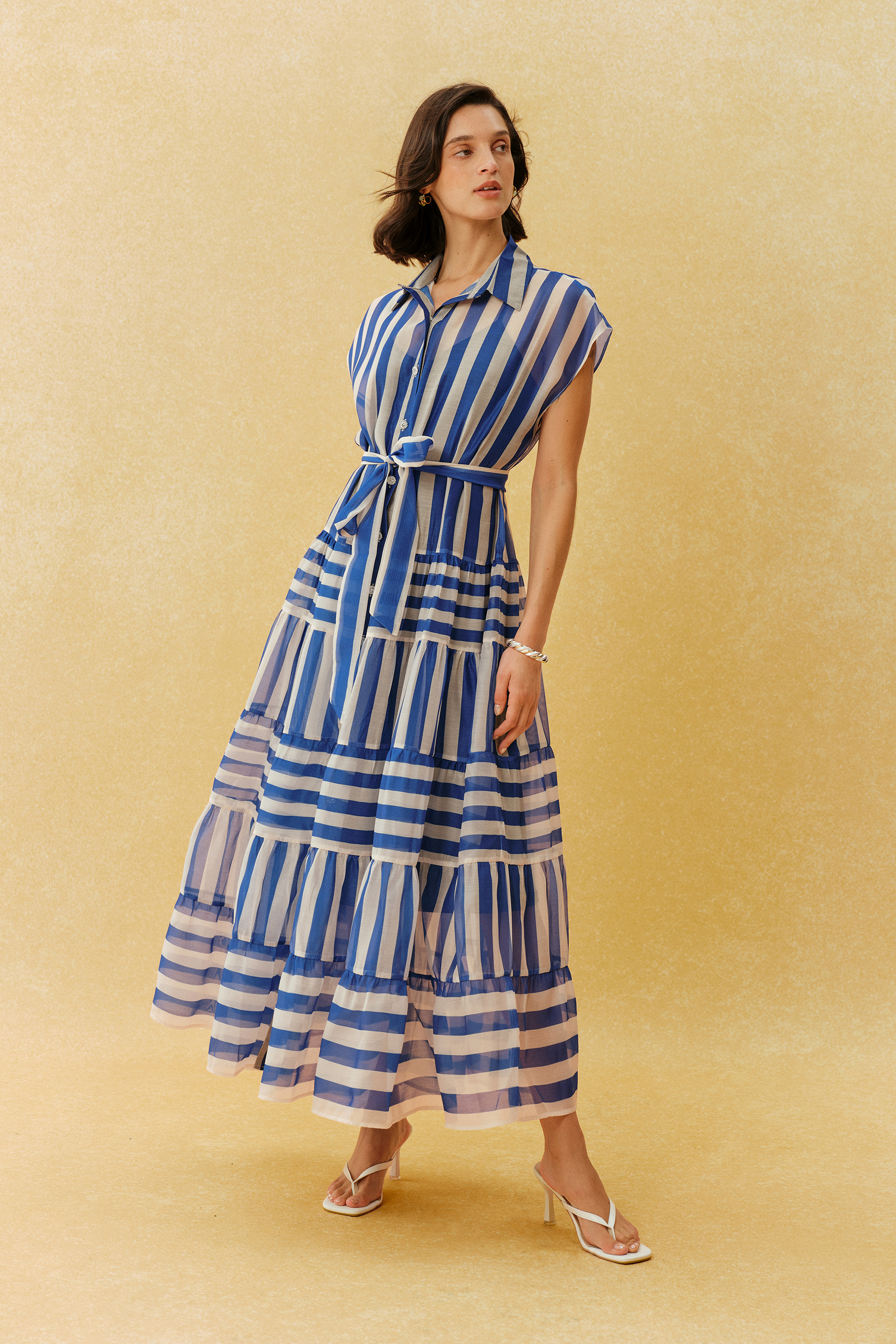 Breezy Little Secret Blue Striped Cap Sleeve Maxi Dress