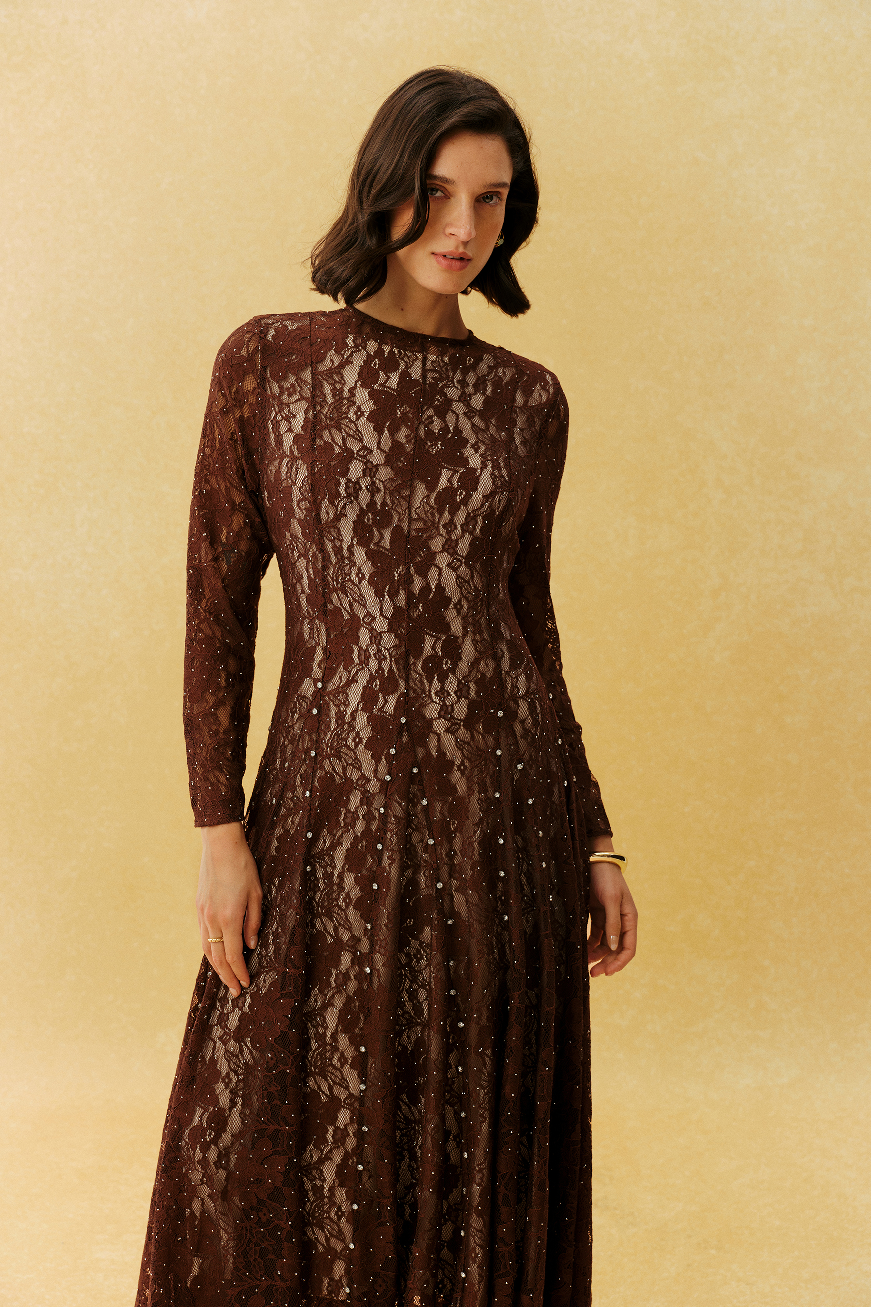 Little Secret Brown Floral Lace Embellished Long Sleeve Maxi Dress