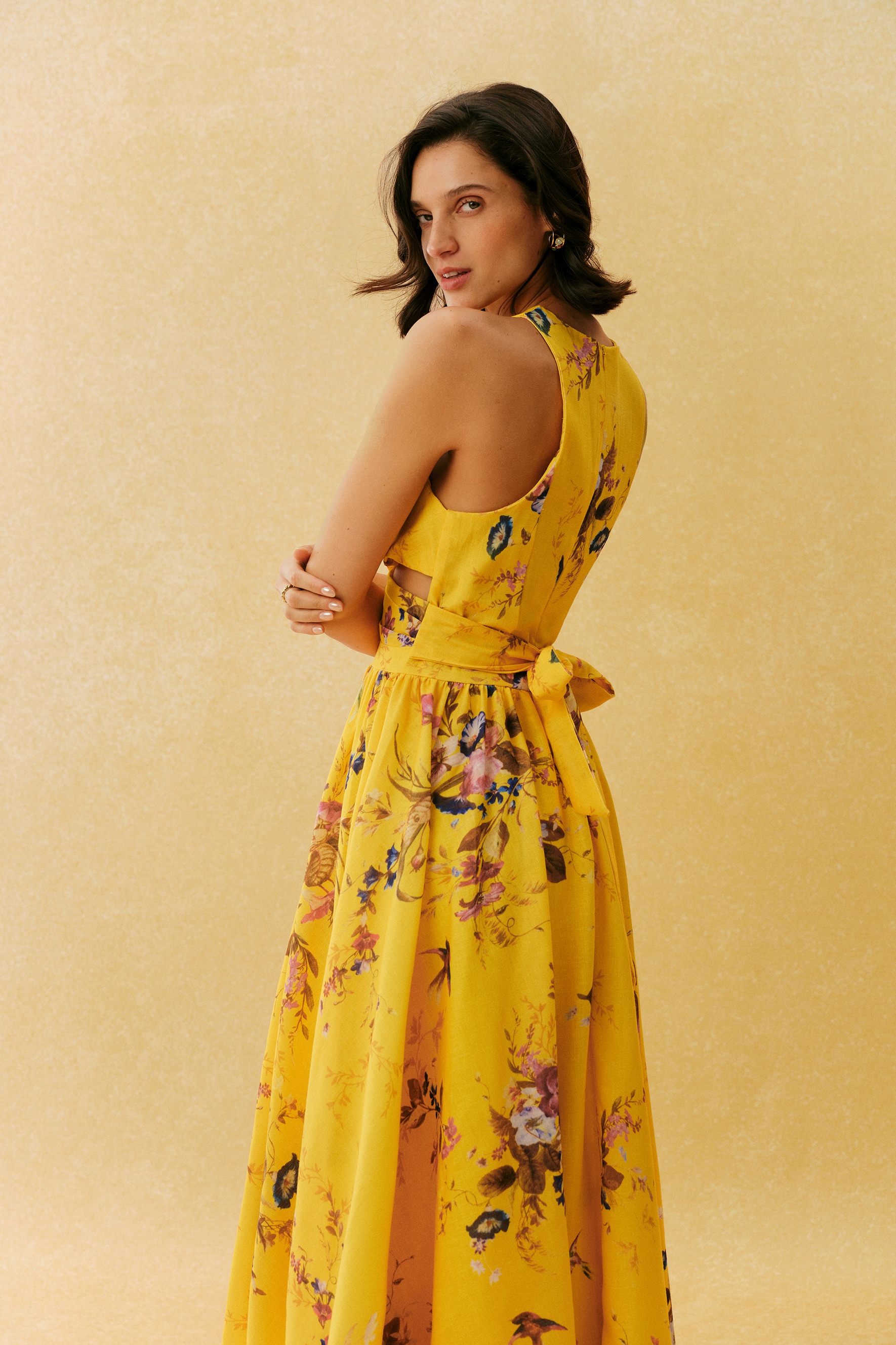Holiday Mood Yellow Floral Print Cutout Maxi Dress