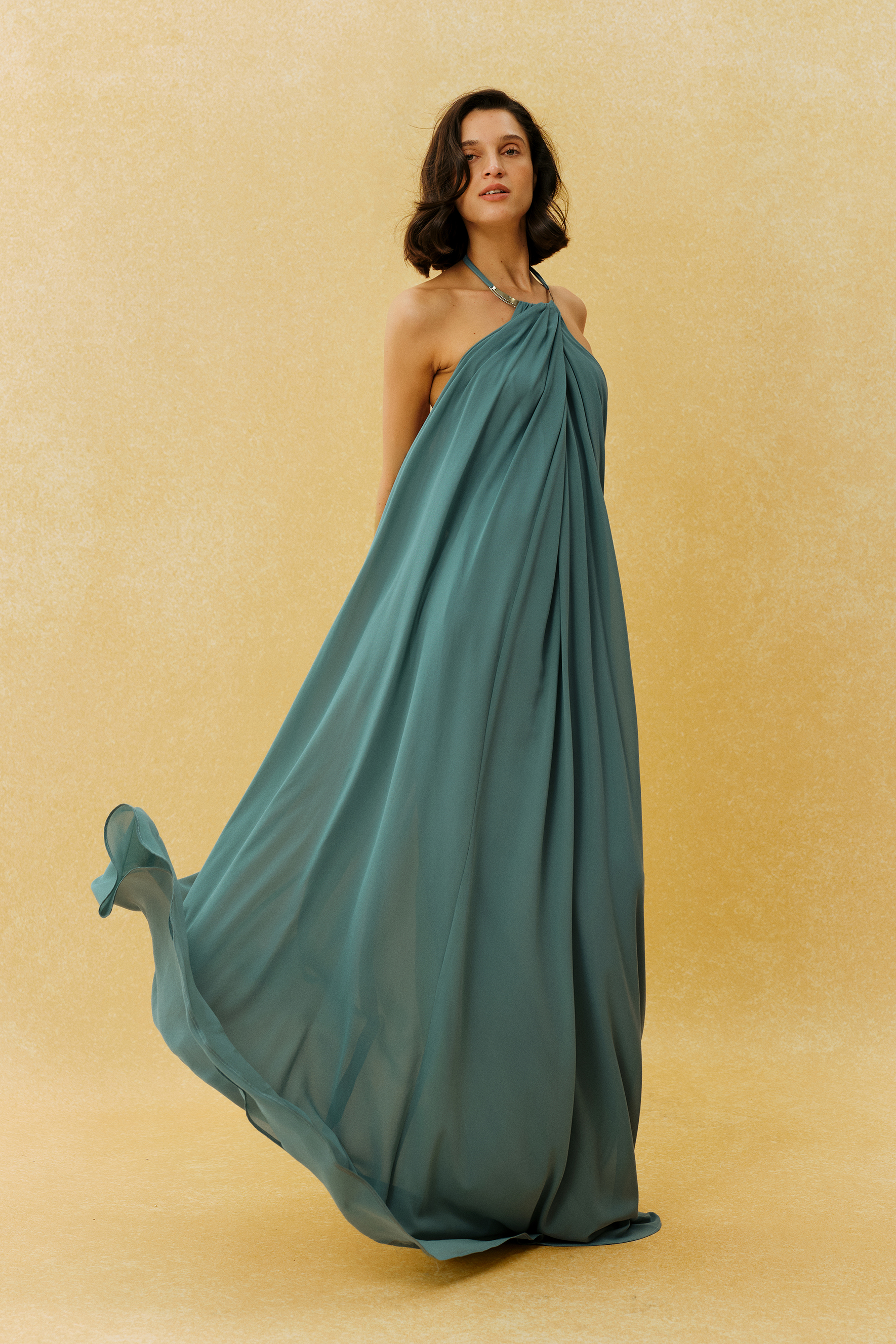 Keep Me Close Sage Green Metal Halter Draped Maxi Dress