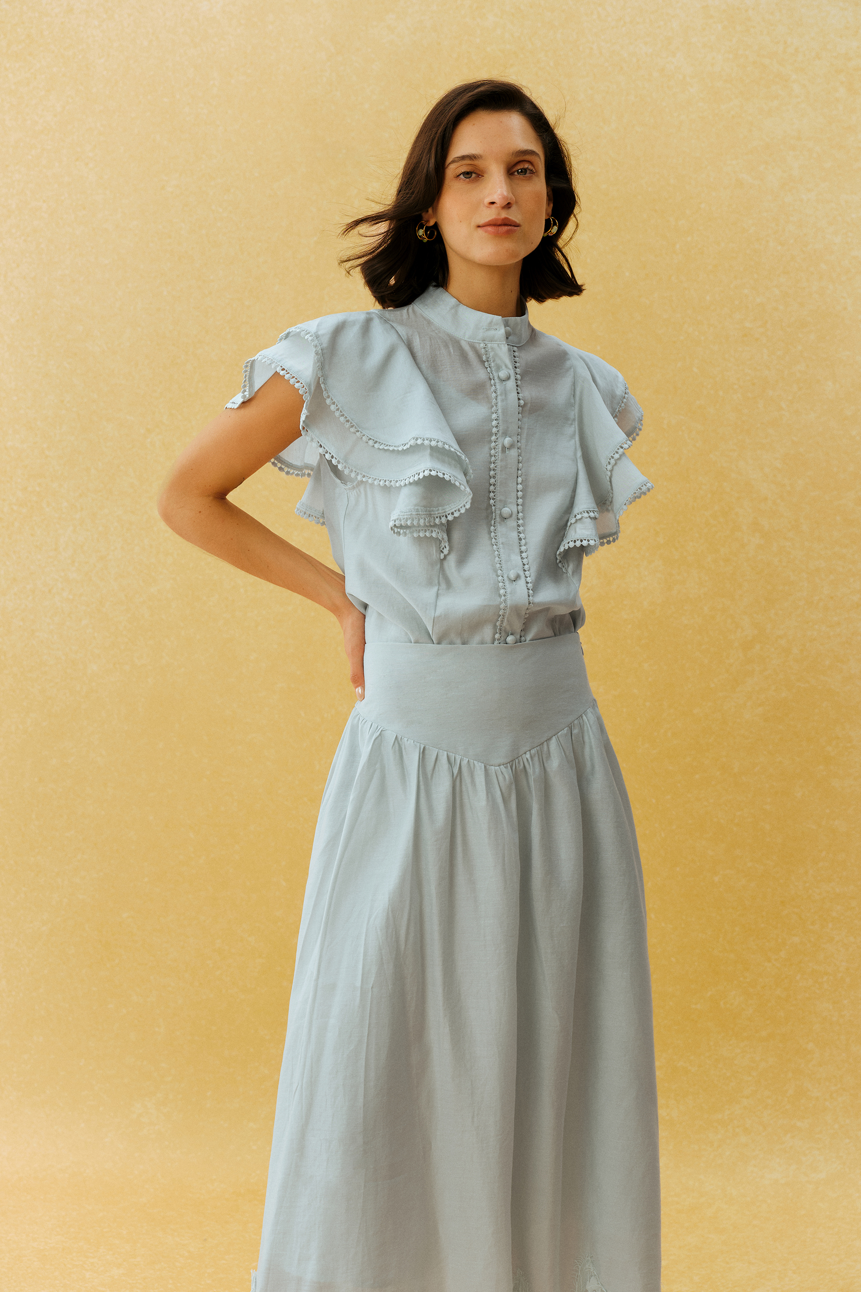 City Romance Blue Ruffle Sleeve Blouse & Lace Hem Skirt Set