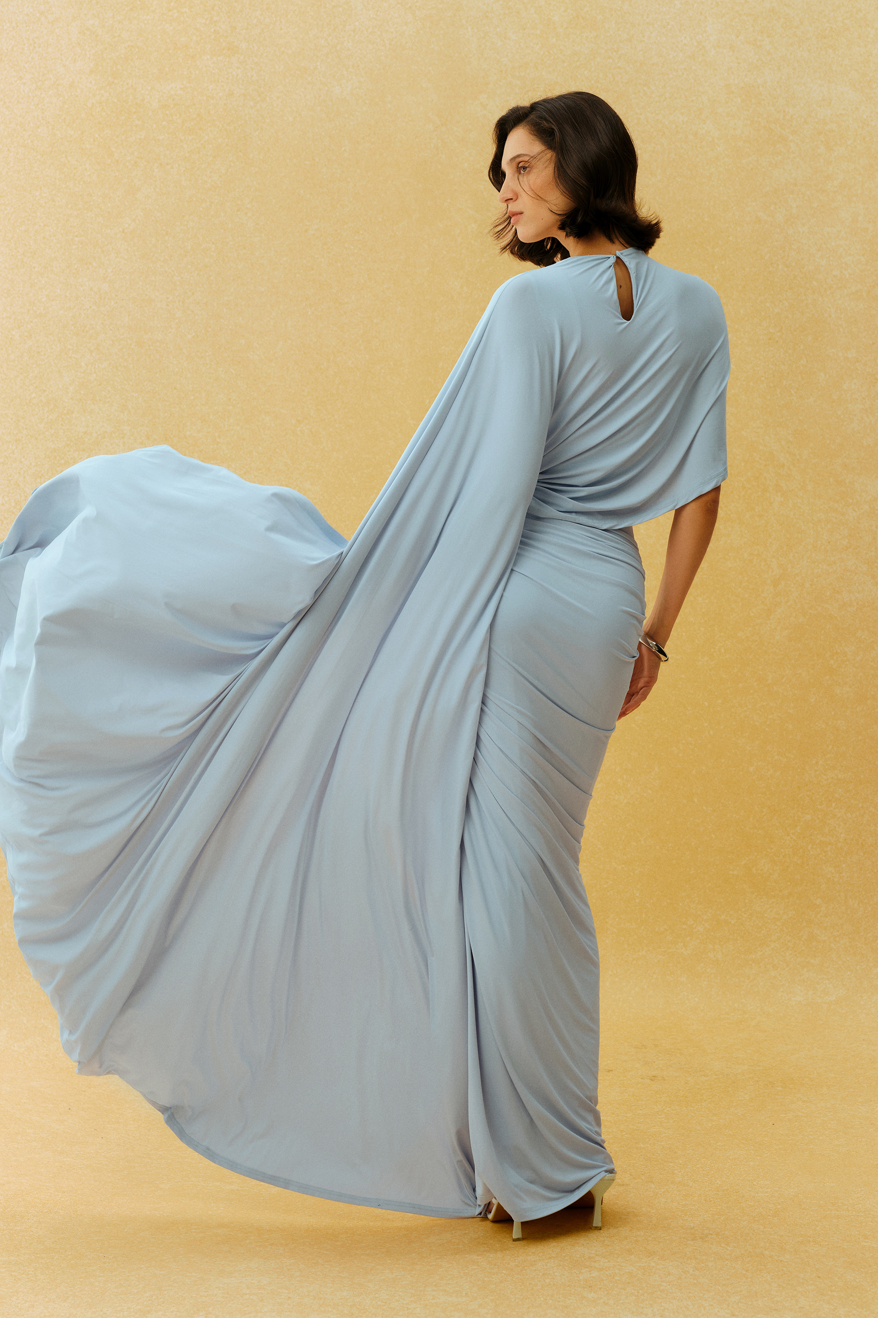 Stealing The Show Blue Asymmetric Cape Sleeve Ruched Maxi Dress