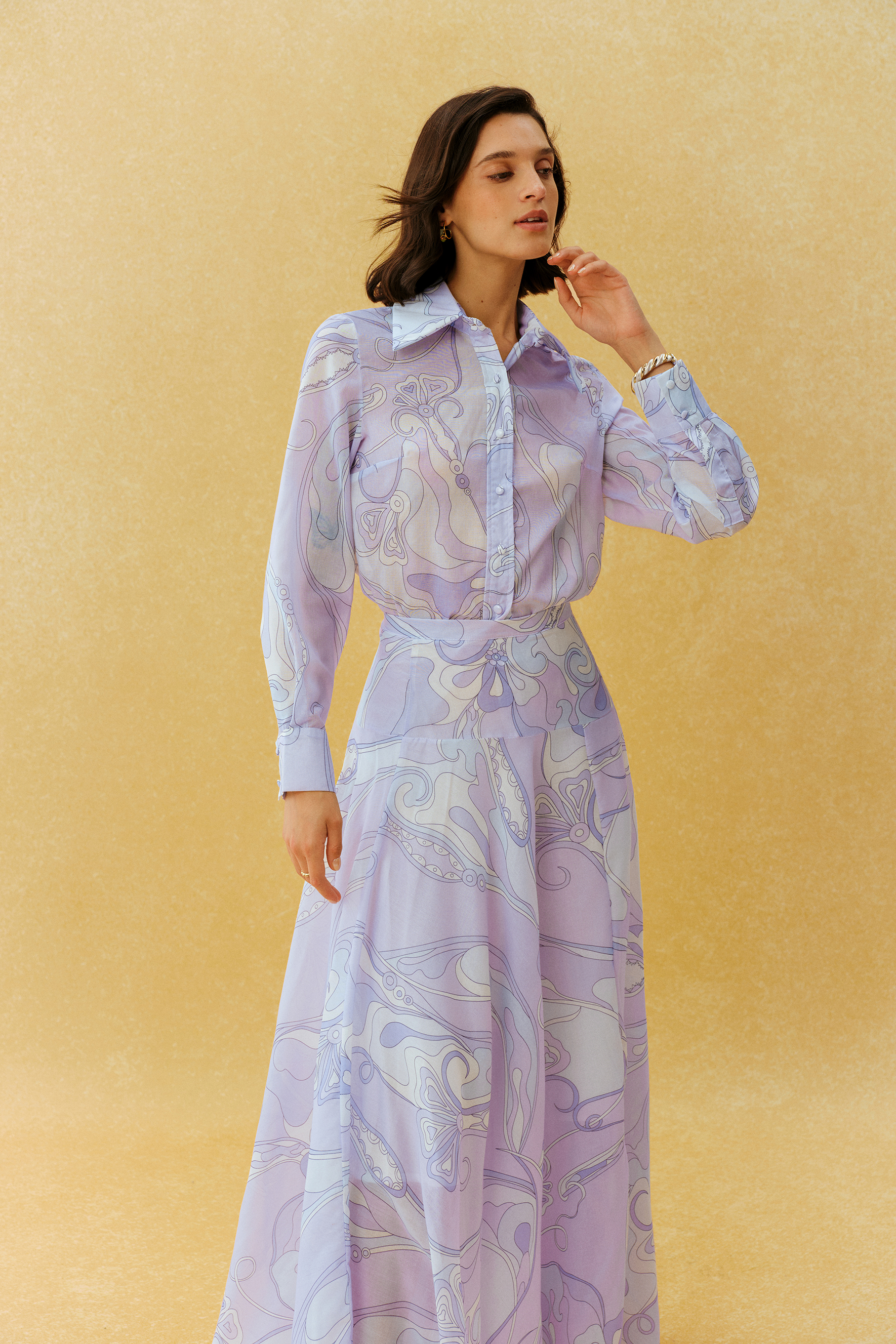 Casual Mood Purple Abstract Print Shirt & Maxi Skirt Set