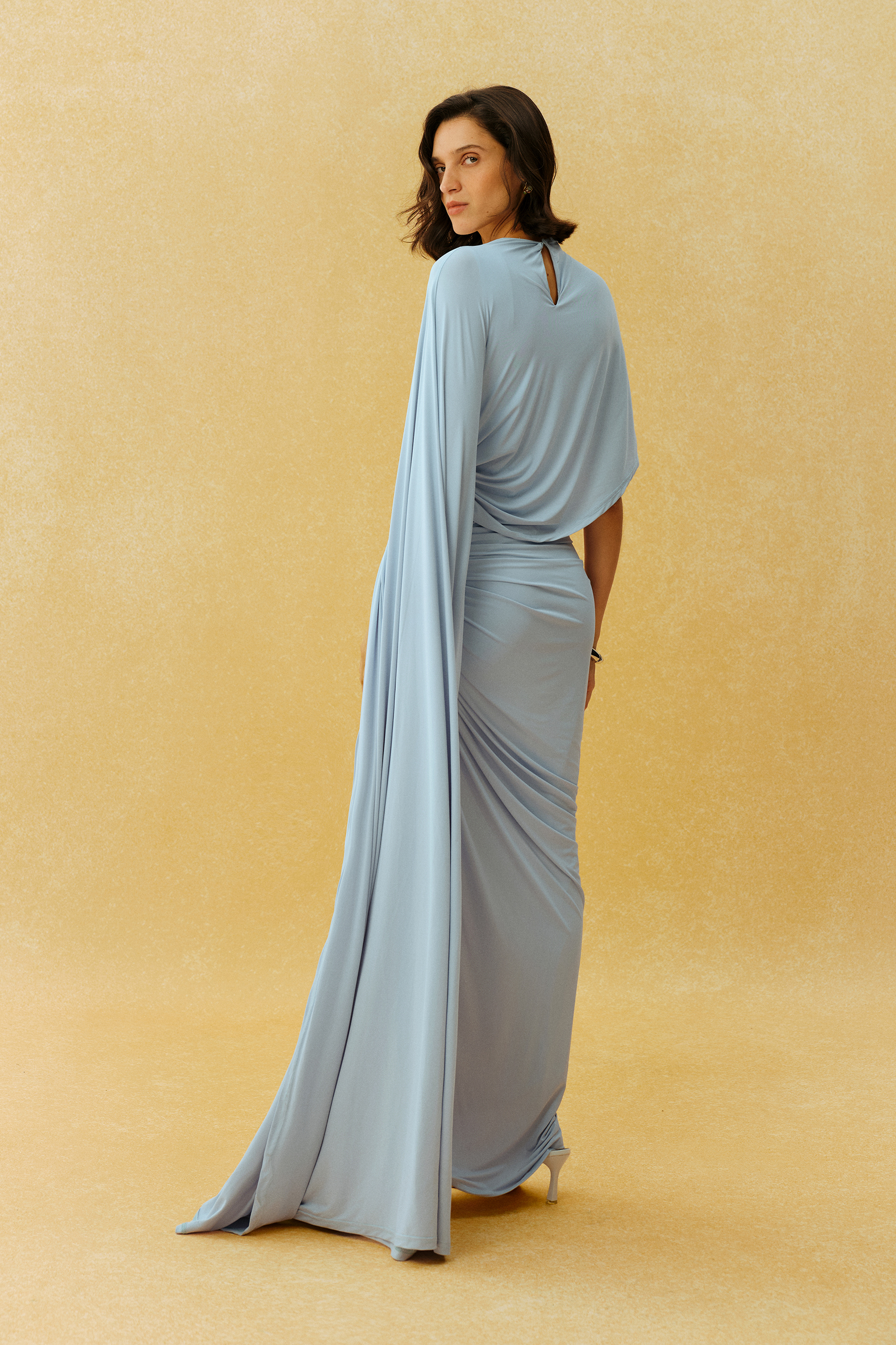 Stealing The Show Blue Asymmetric Cape Sleeve Ruched Maxi Dress