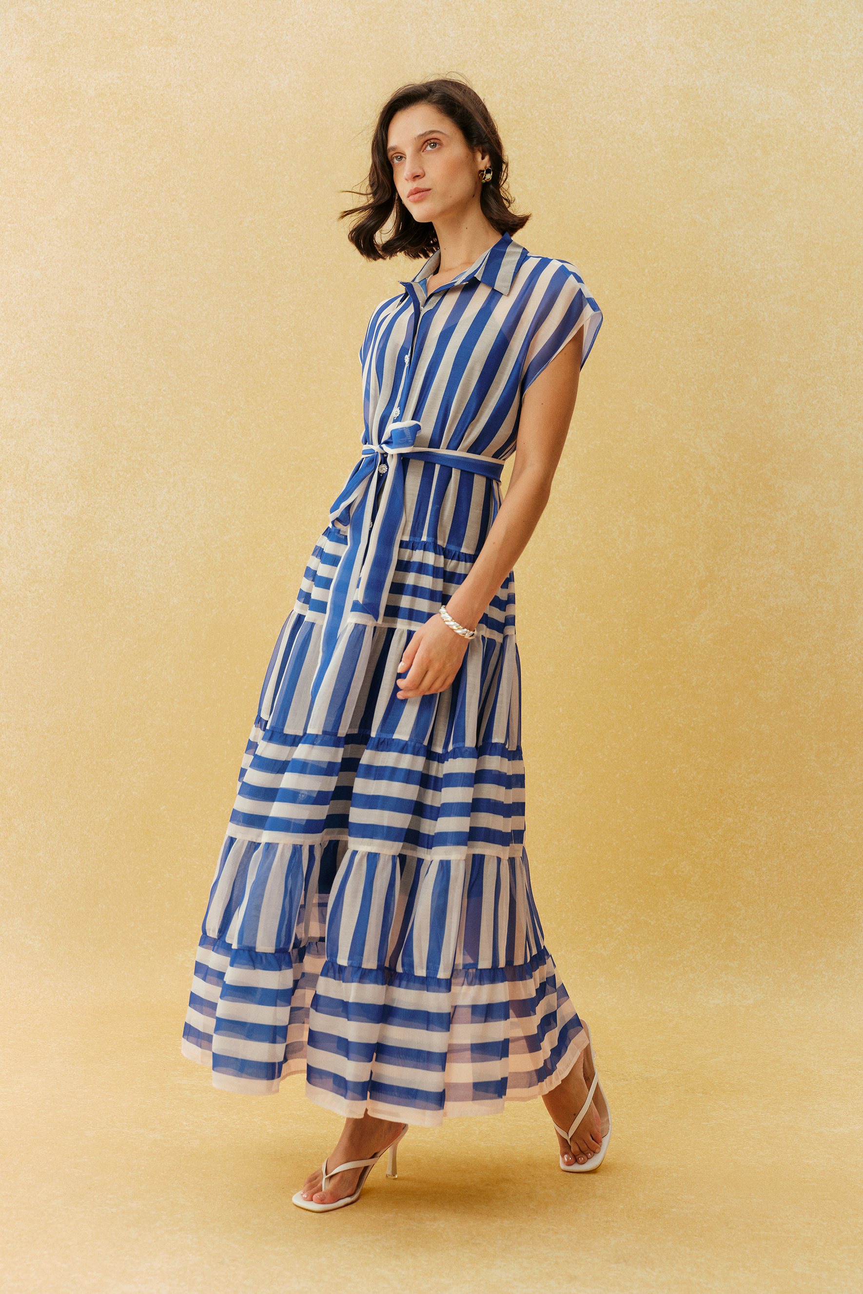 Breezy Little Secret Blue Striped Cap Sleeve Maxi Dress