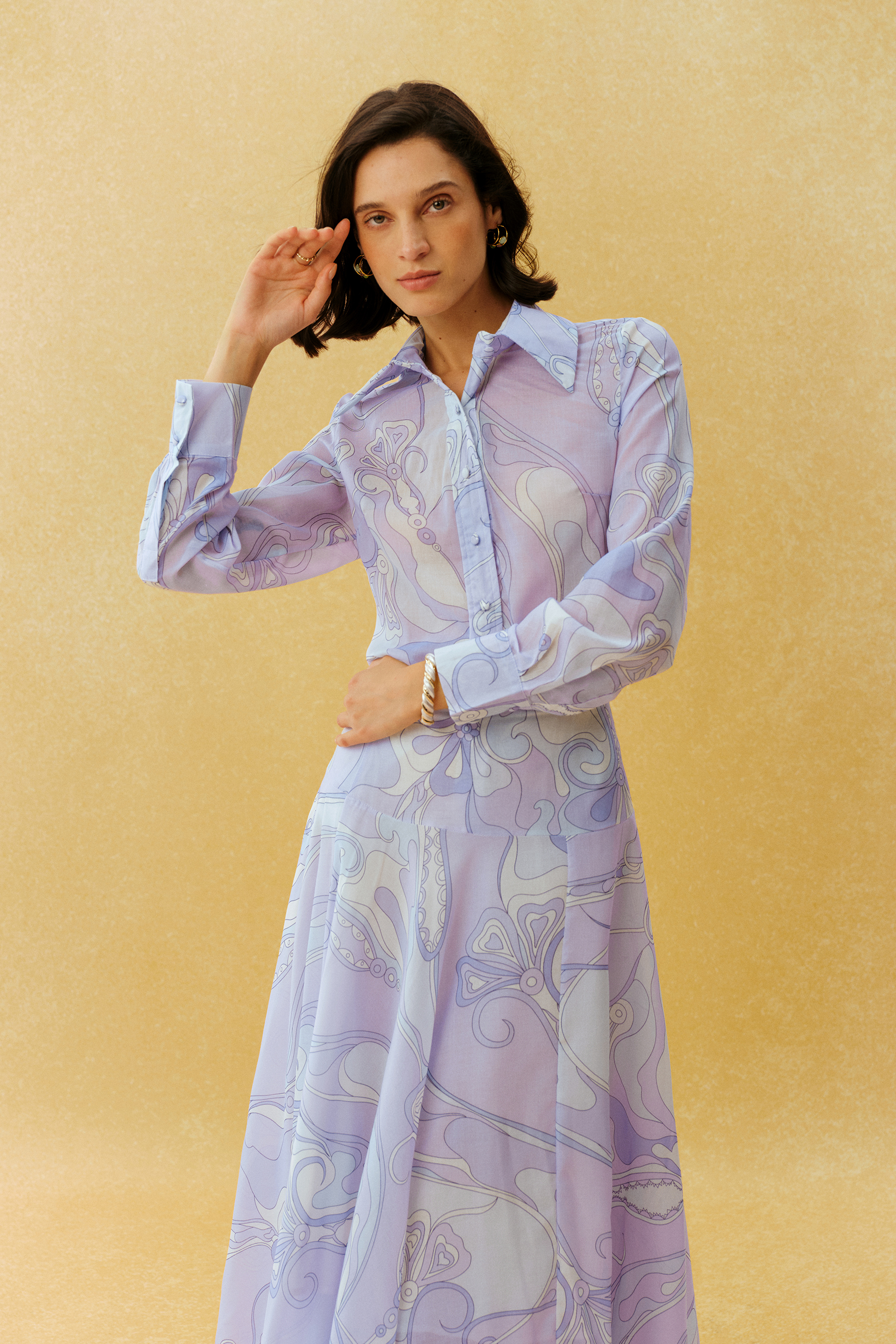 Casual Mood Purple Abstract Print Shirt & Maxi Skirt Set