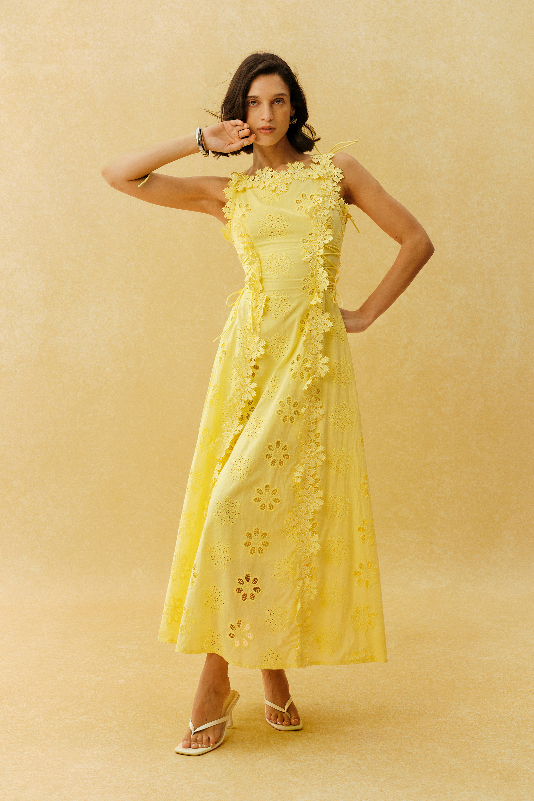 Runaway Darling Yellow Floral Embroidery Tie Strap Maxi Dress