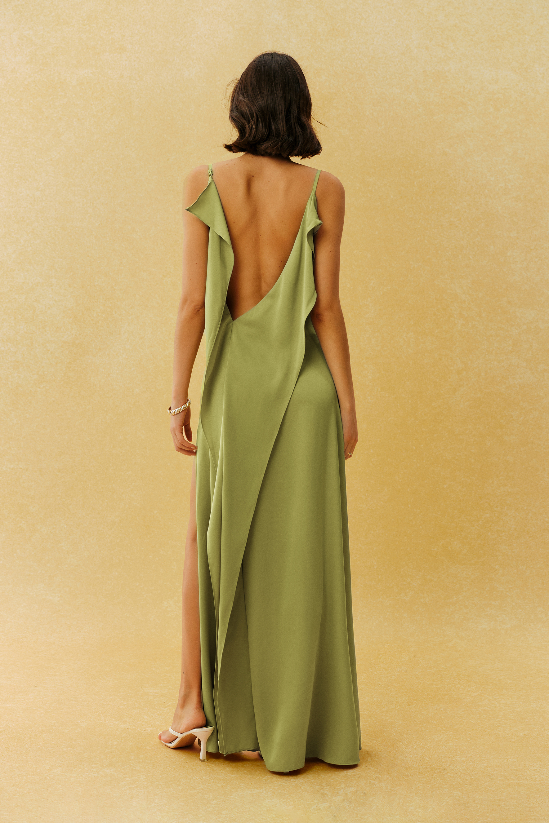 Paula Backless Ruffle Detail Satin Maxi Dress