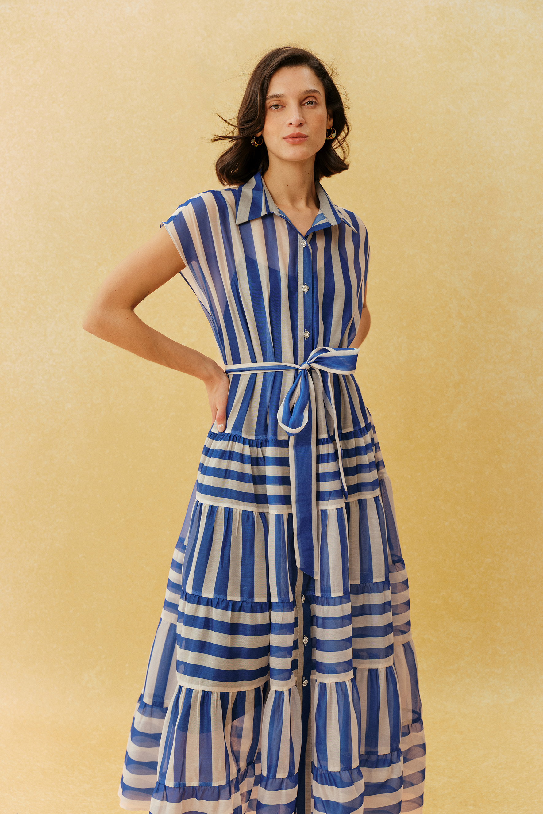 Breezy Little Secret Blue Striped Cap Sleeve Maxi Dress