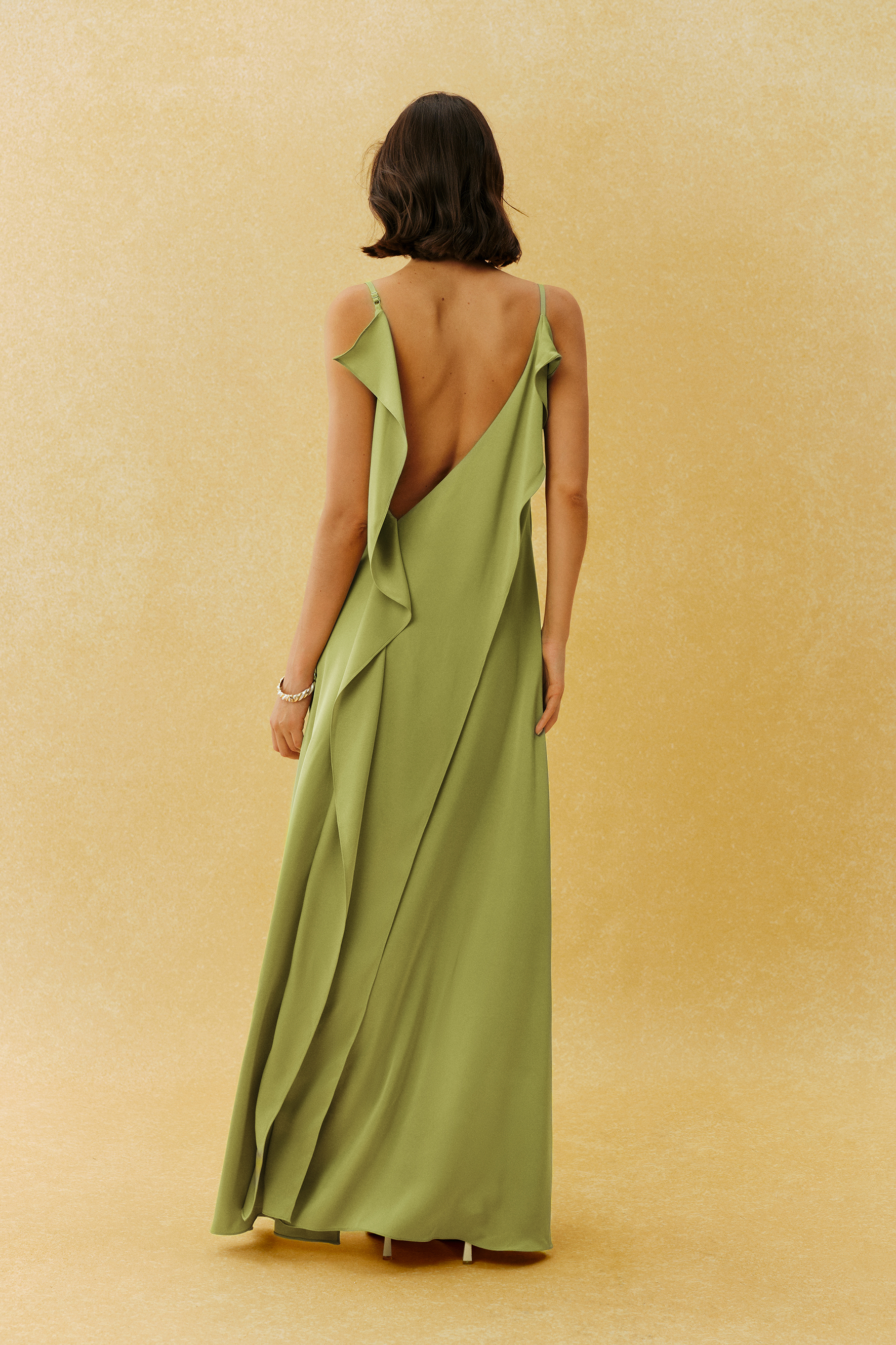 Paula Backless Ruffle Detail Satin Maxi Dress