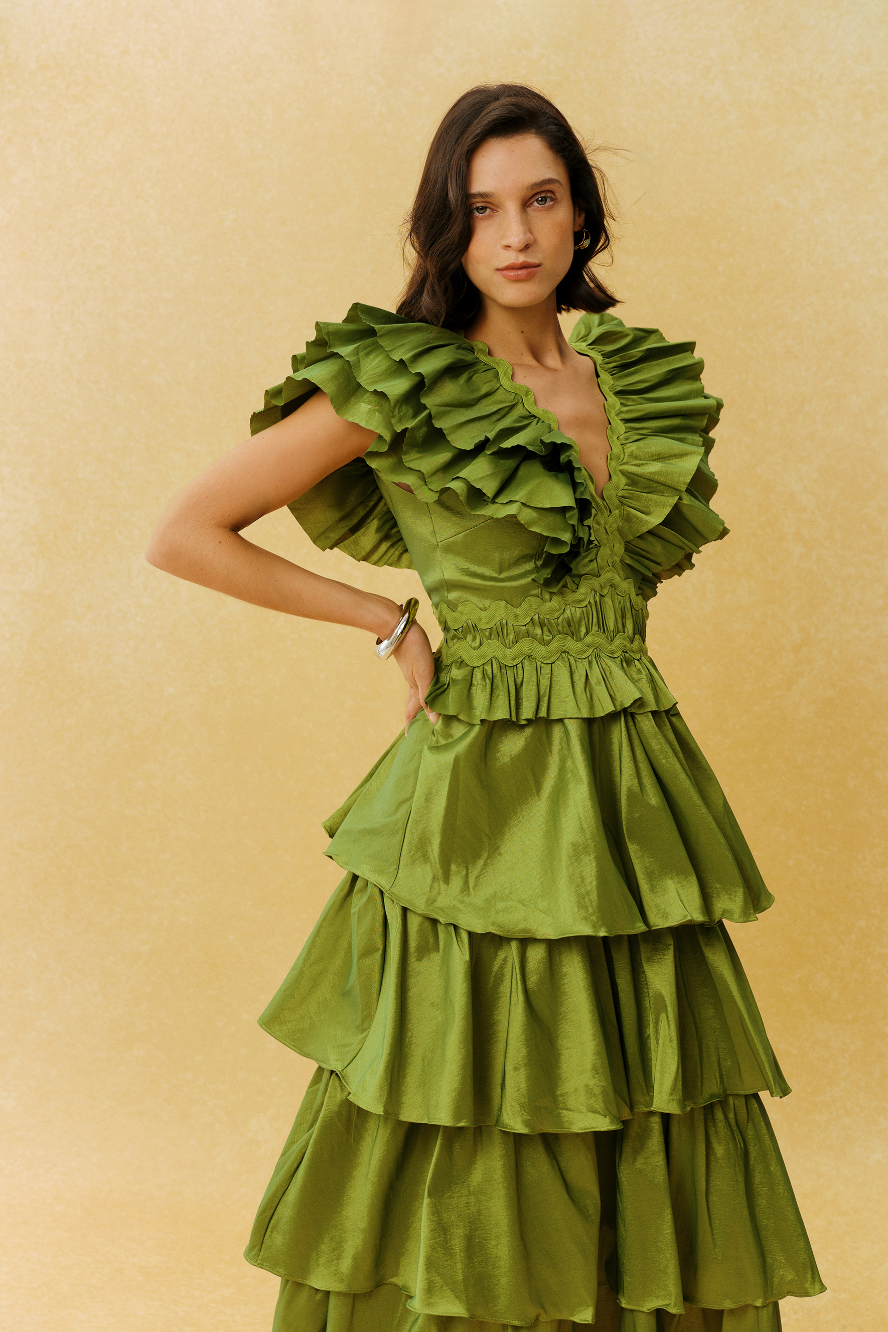 Can't Look Away Green V Neck Ruffle Sleeve Tiered Maxi Dress