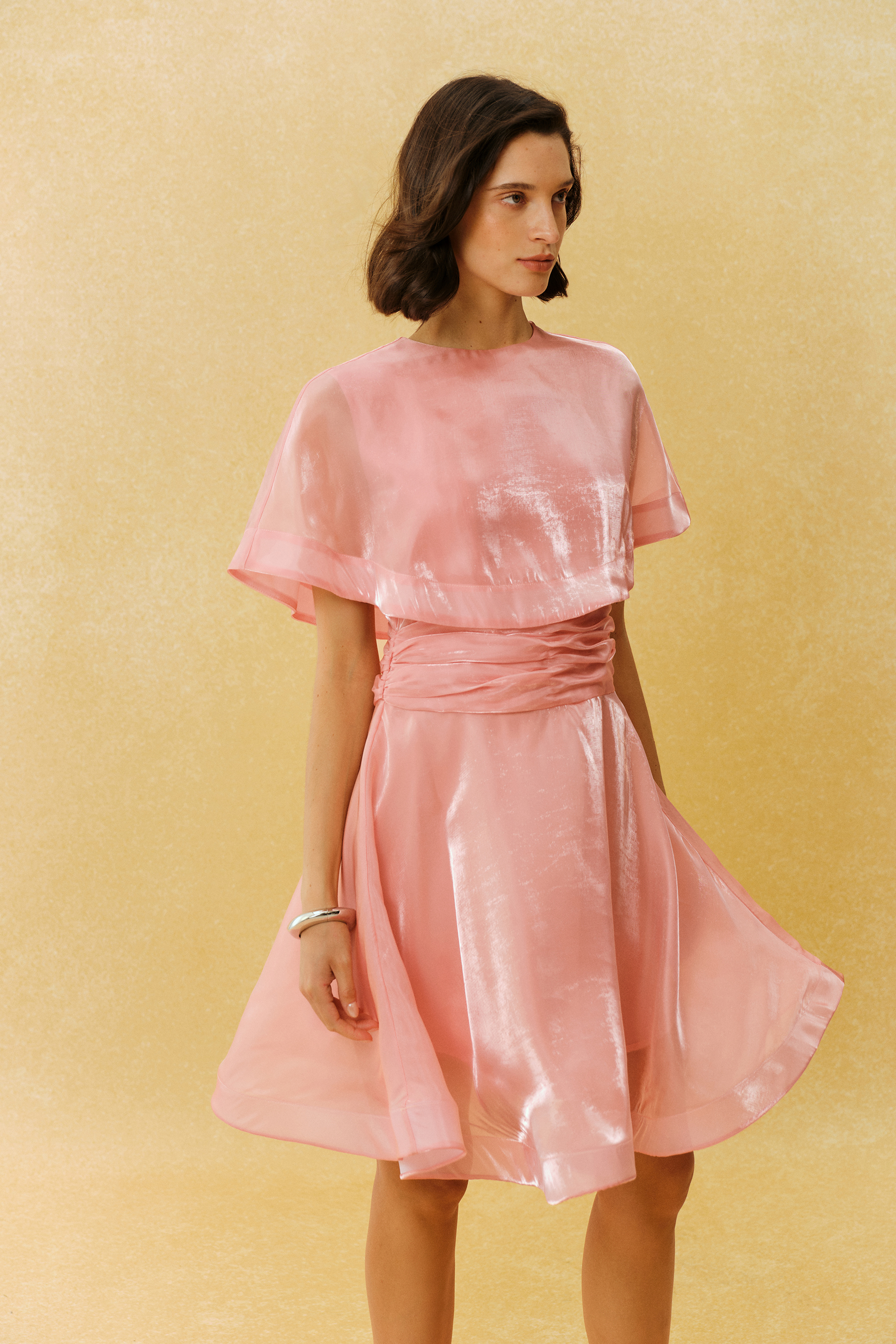 Came For You Pink Cape Sleeve Ruched Waist Mini Dress
