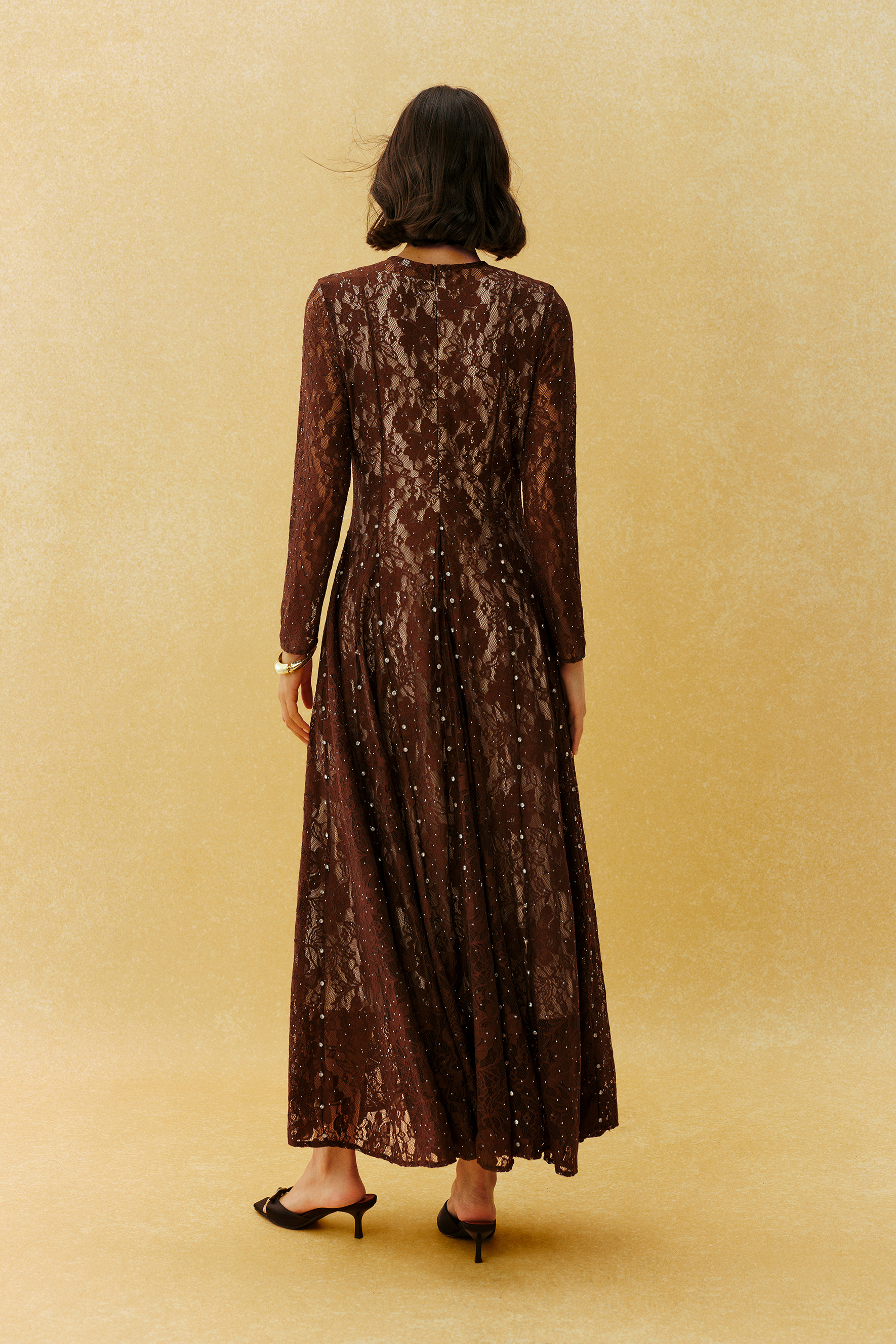 Little Secret Brown Floral Lace Embellished Long Sleeve Maxi Dress