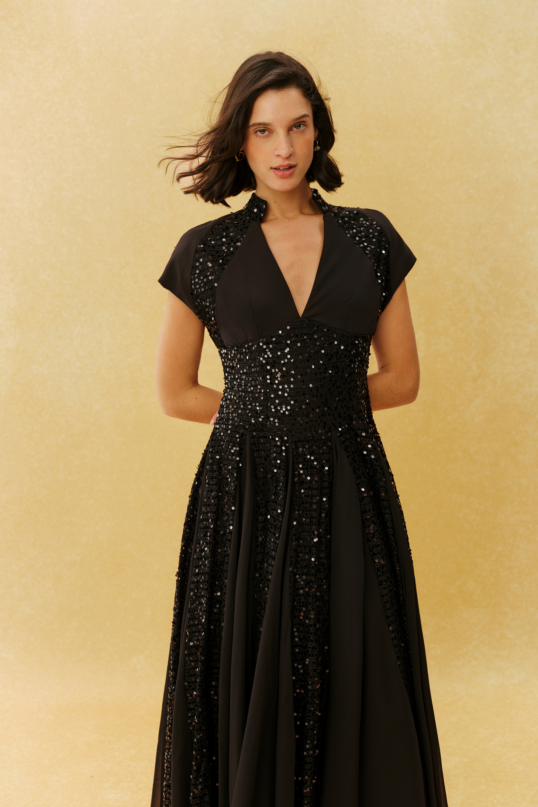 Just Enough Black Sequin V Neck Cap Sleeve Maxi Dress