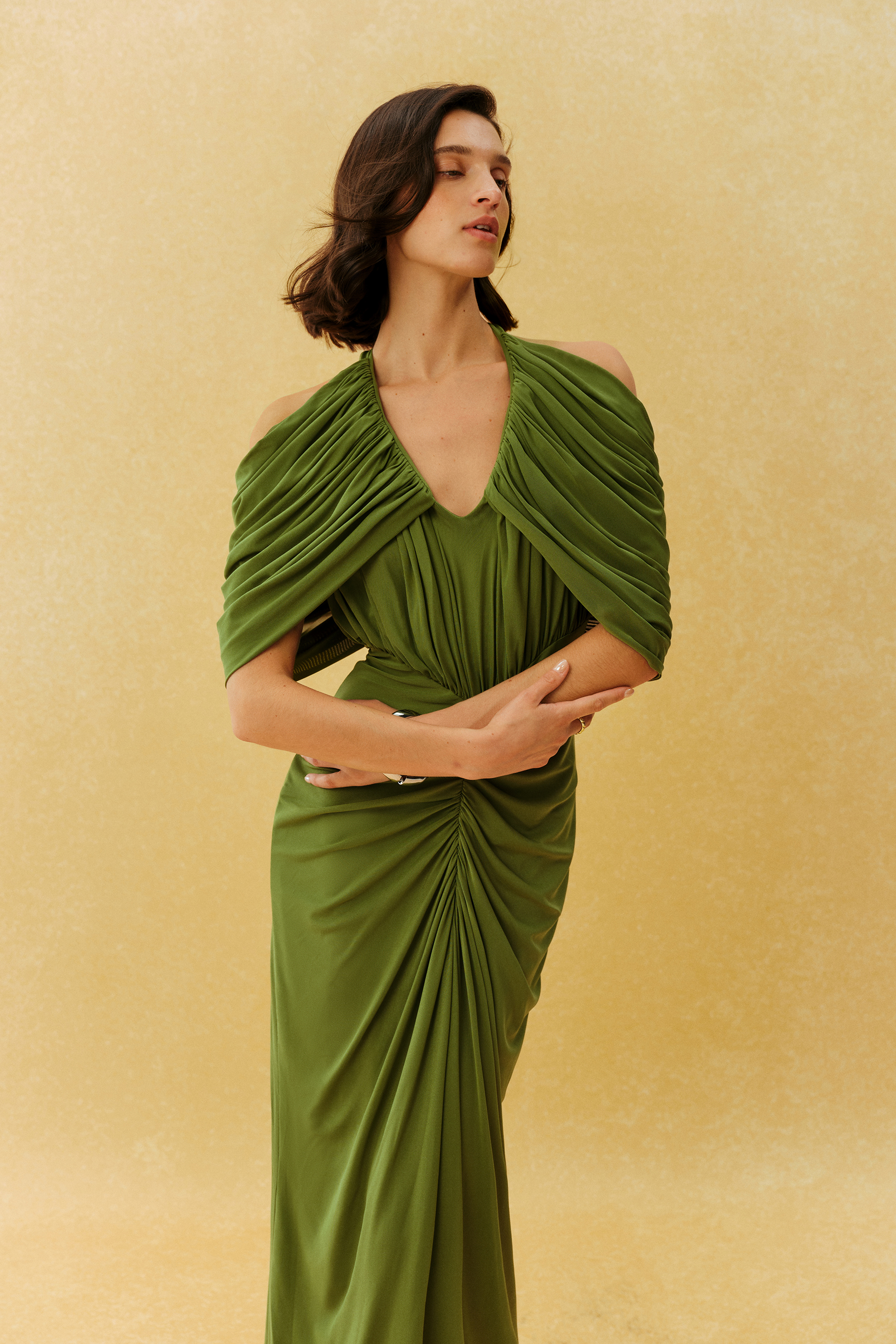 Graceful Arrival Green Draped V Neck Ruched Maxi Dress