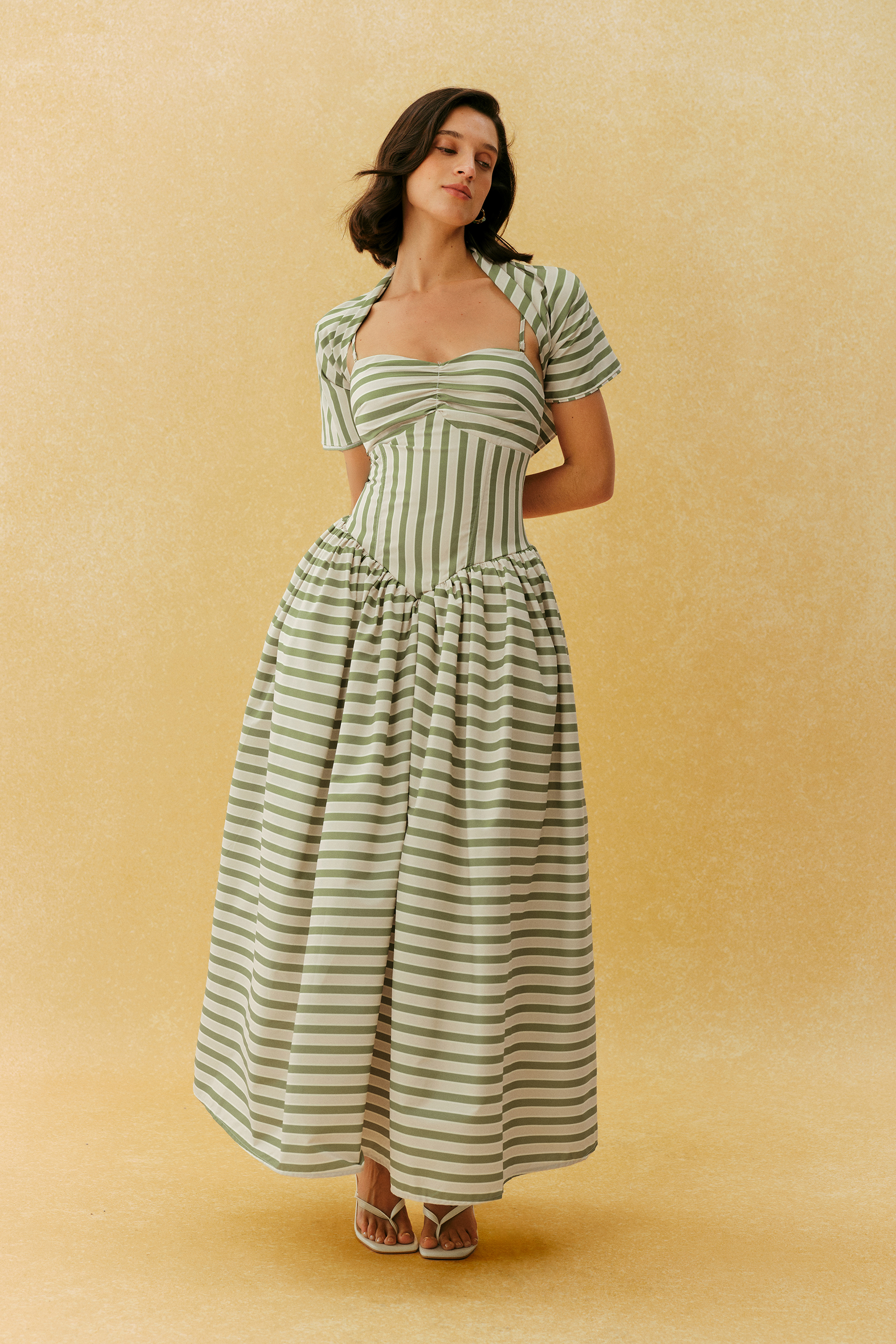 Adorable Impression Beige Stripe Spaghetti Strap Maxi Dress With Headscarf