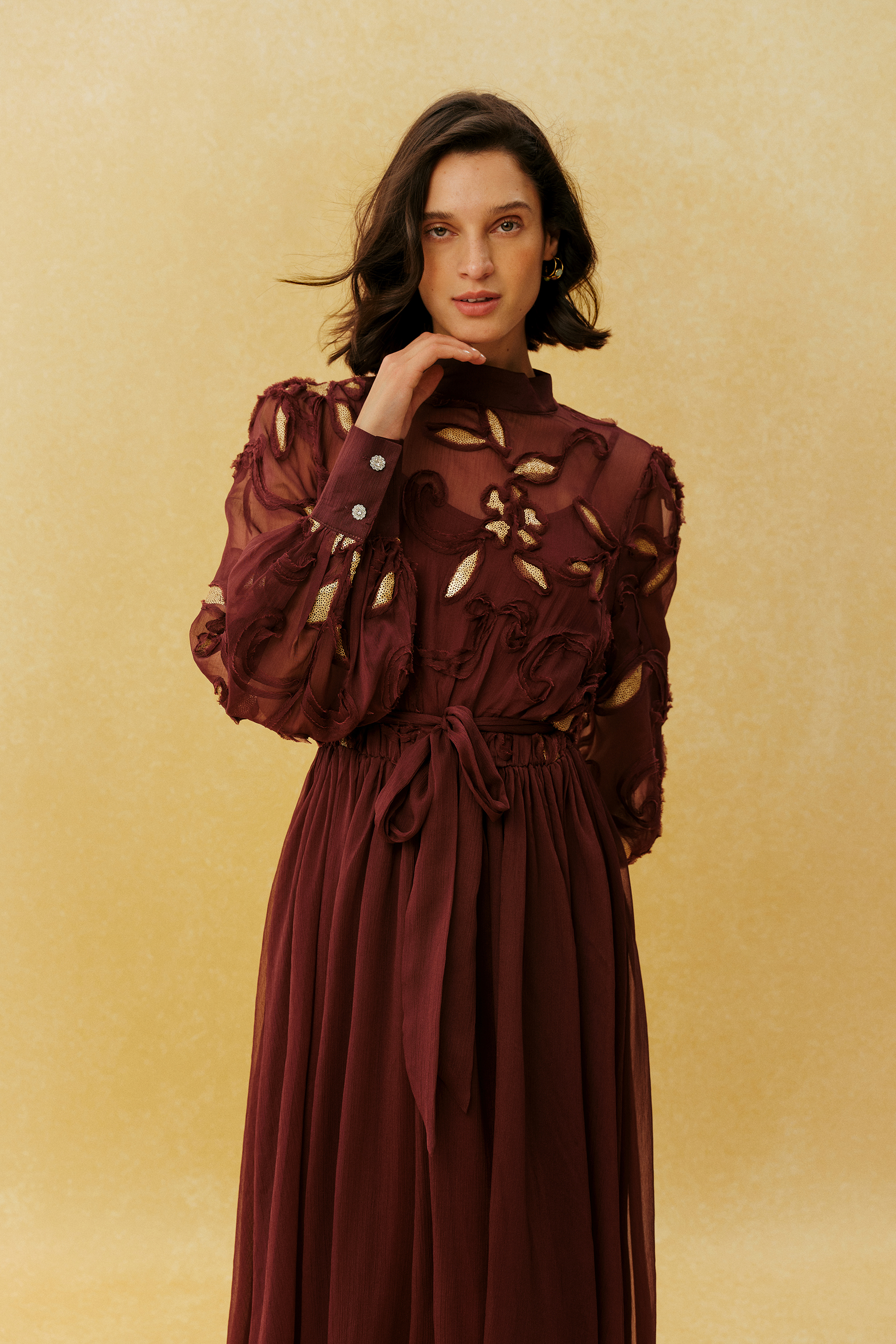 Autumn Affair Burgundy Floral Embroidery Long Sleeve Maxi Dress