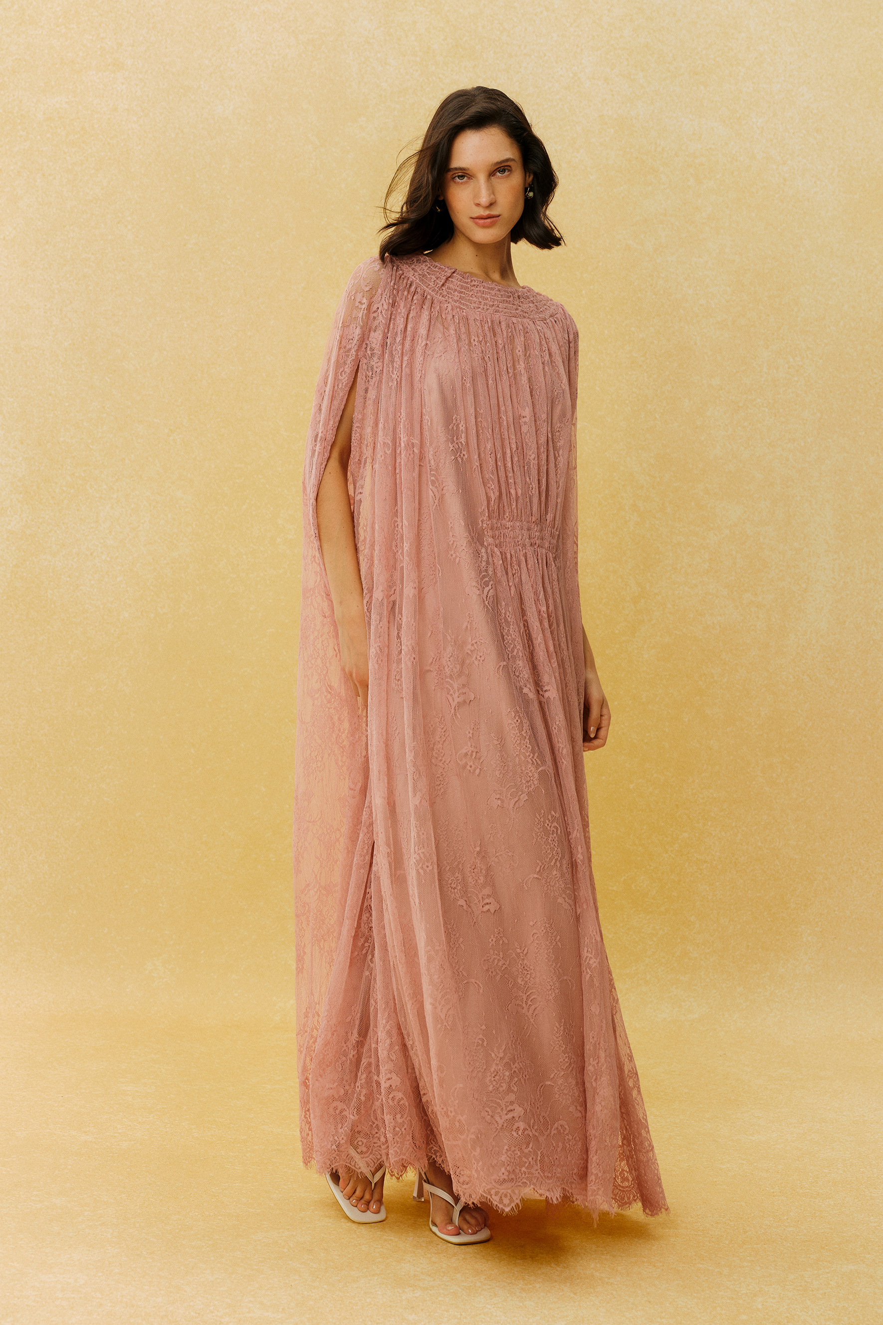 Can't Look Away Pink Floral Lace Cape Sleeve Maxi Dress