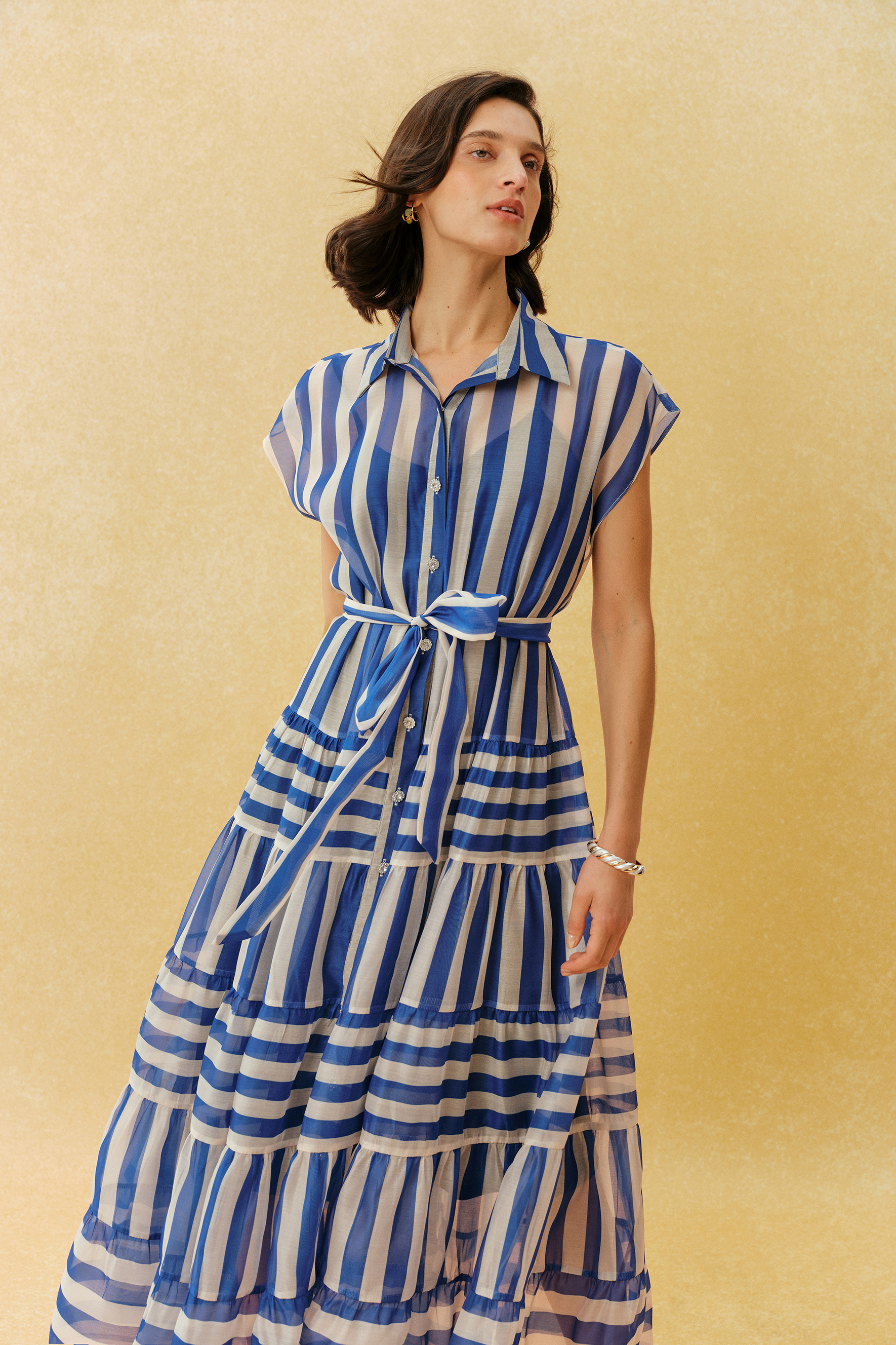Breezy Little Secret Blue Striped Cap Sleeve Maxi Dress