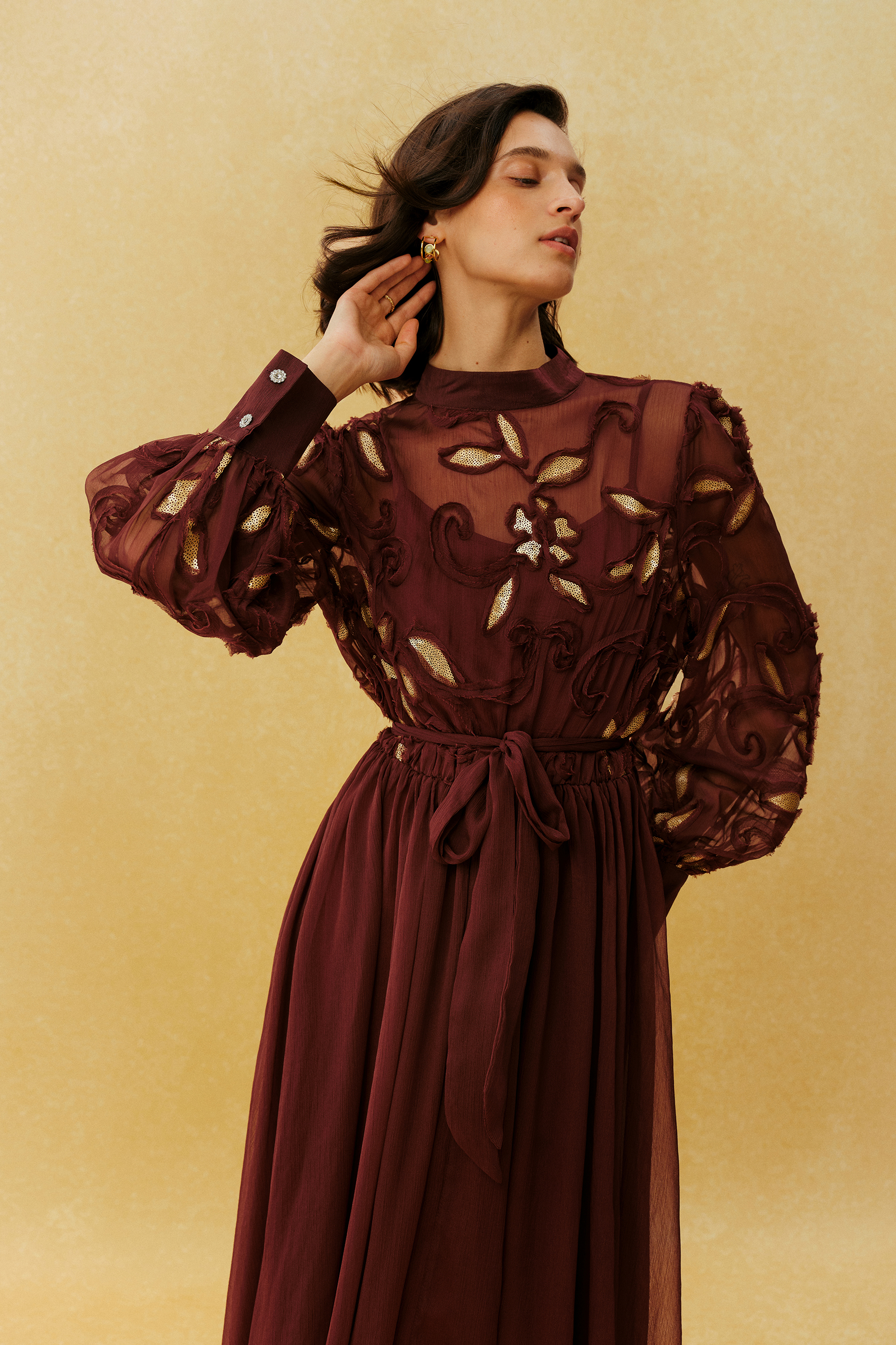 Autumn Affair Burgundy Floral Embroidery Long Sleeve Maxi Dress