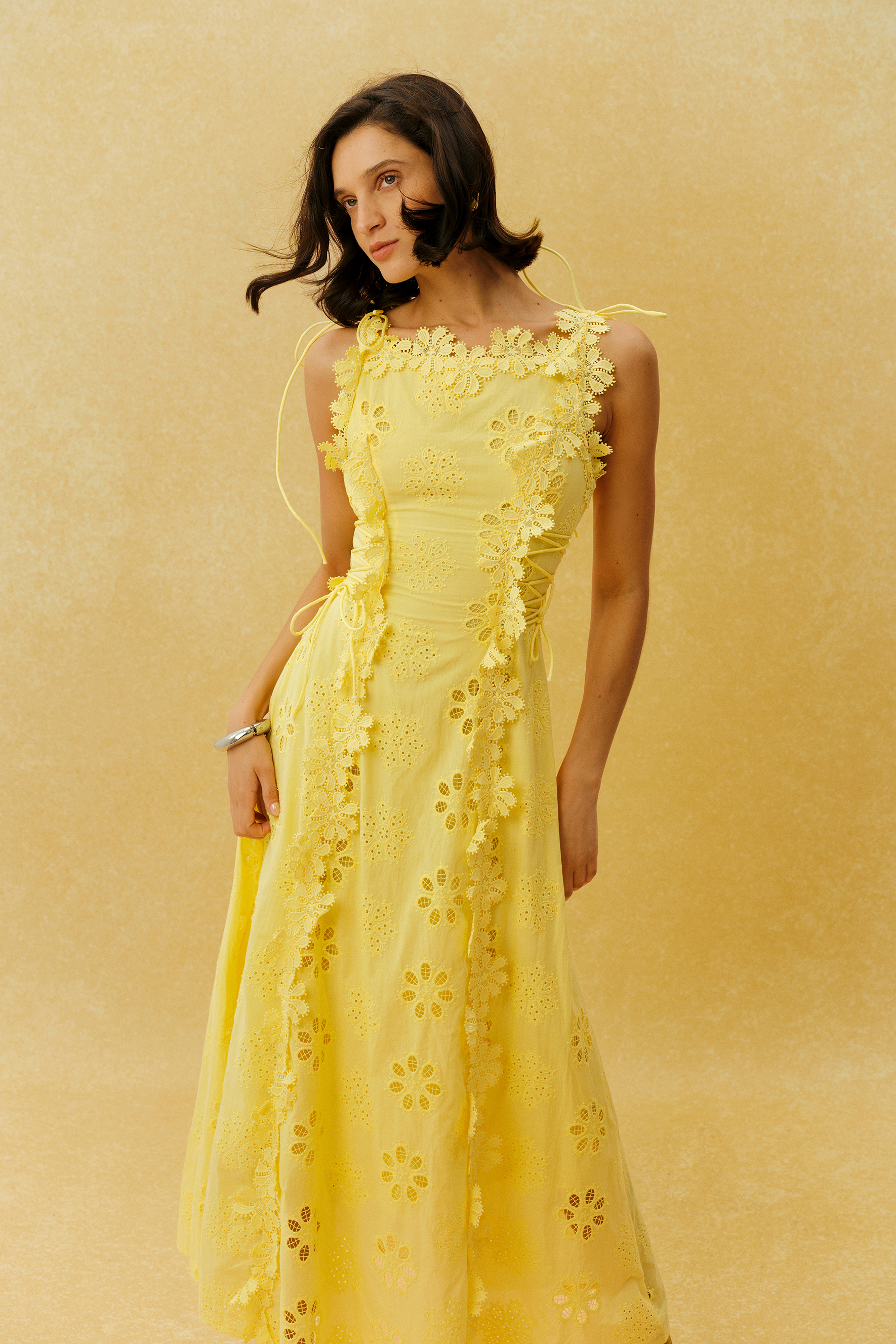 Runaway Darling Yellow Floral Embroidery Tie Strap Maxi Dress
