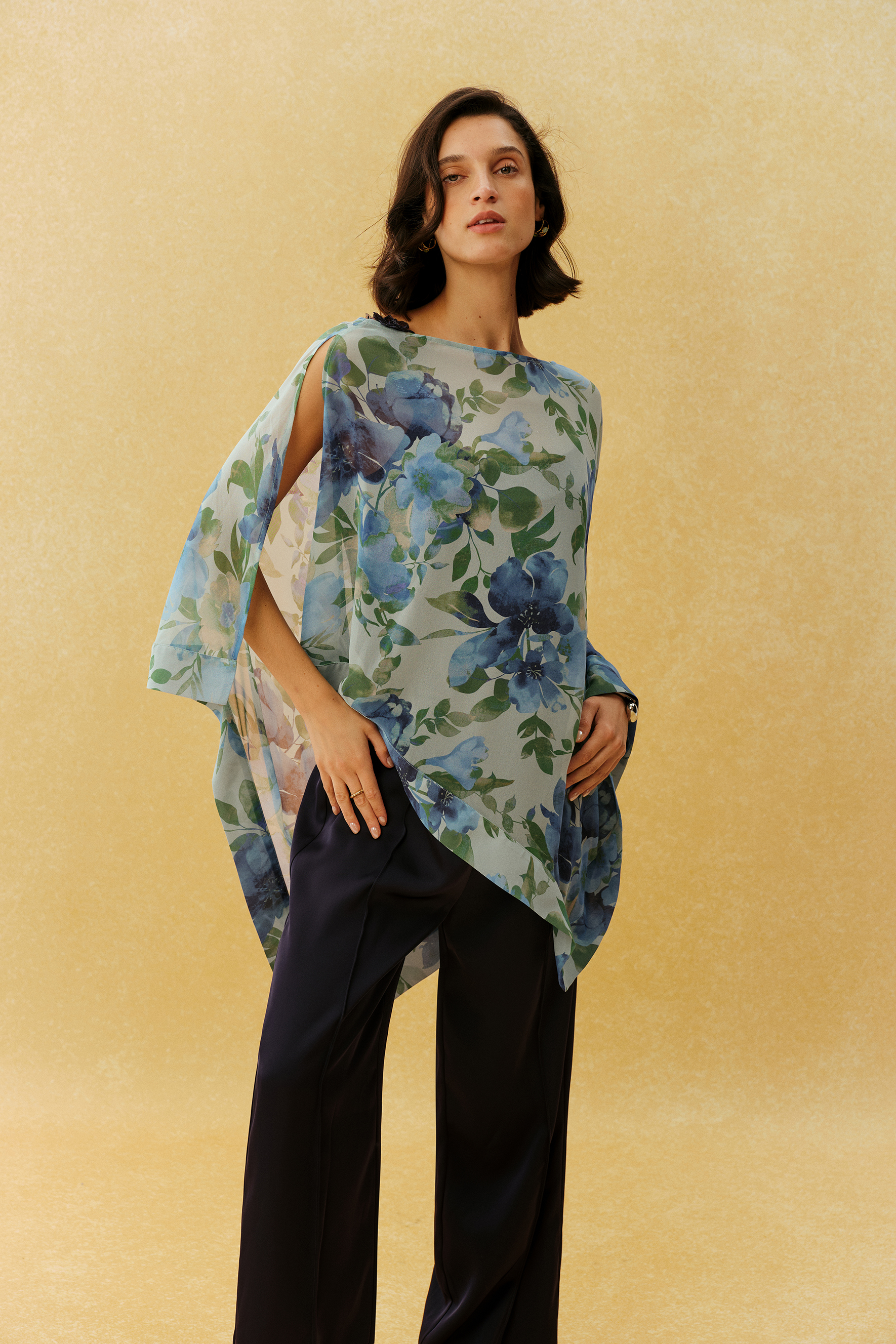 Feels Right Blue Floral Print Chiffon Cape Three Piece Set