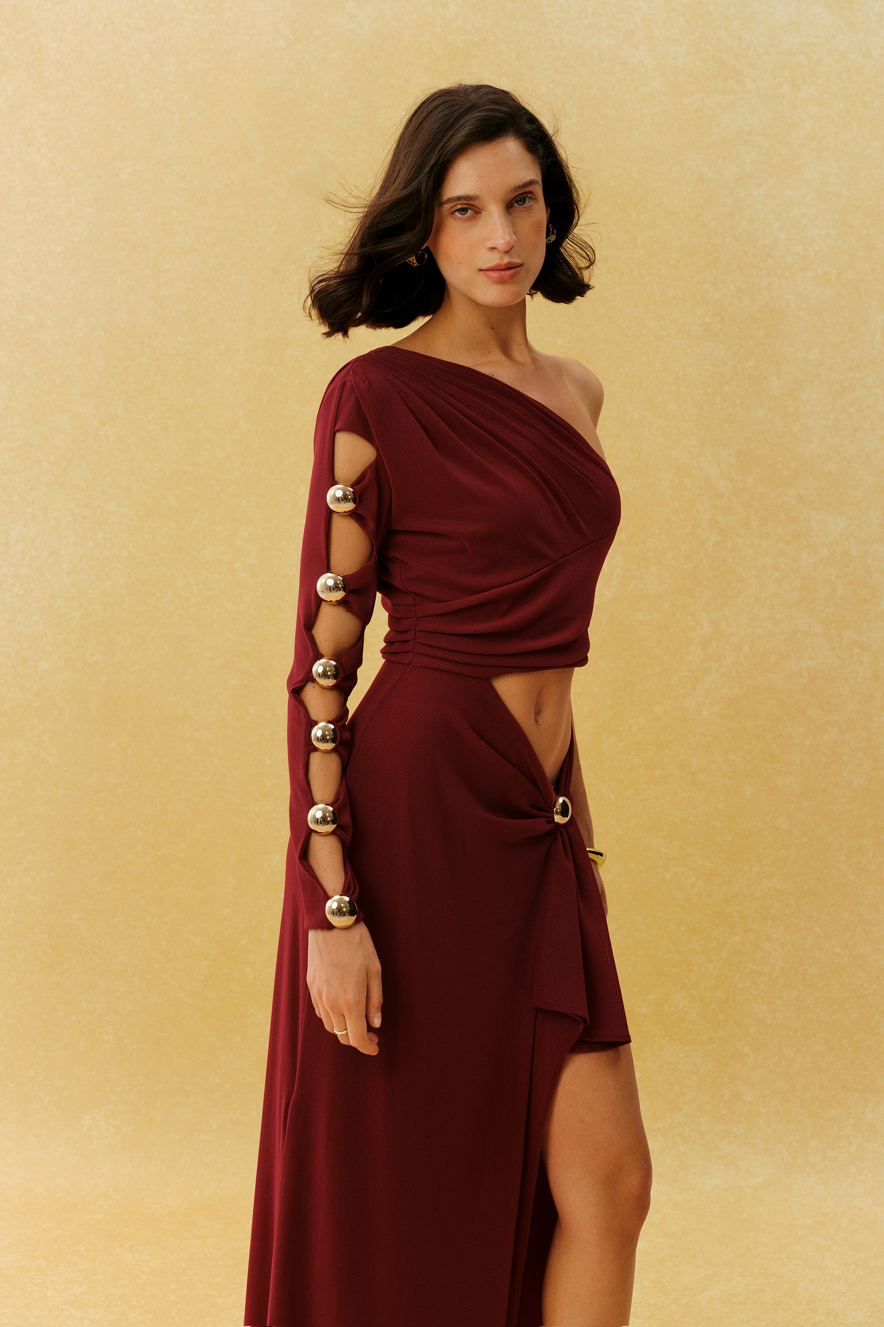 Focused Glamour Burgundy One Shoulder Cutout Metal Bead Maxi Dress