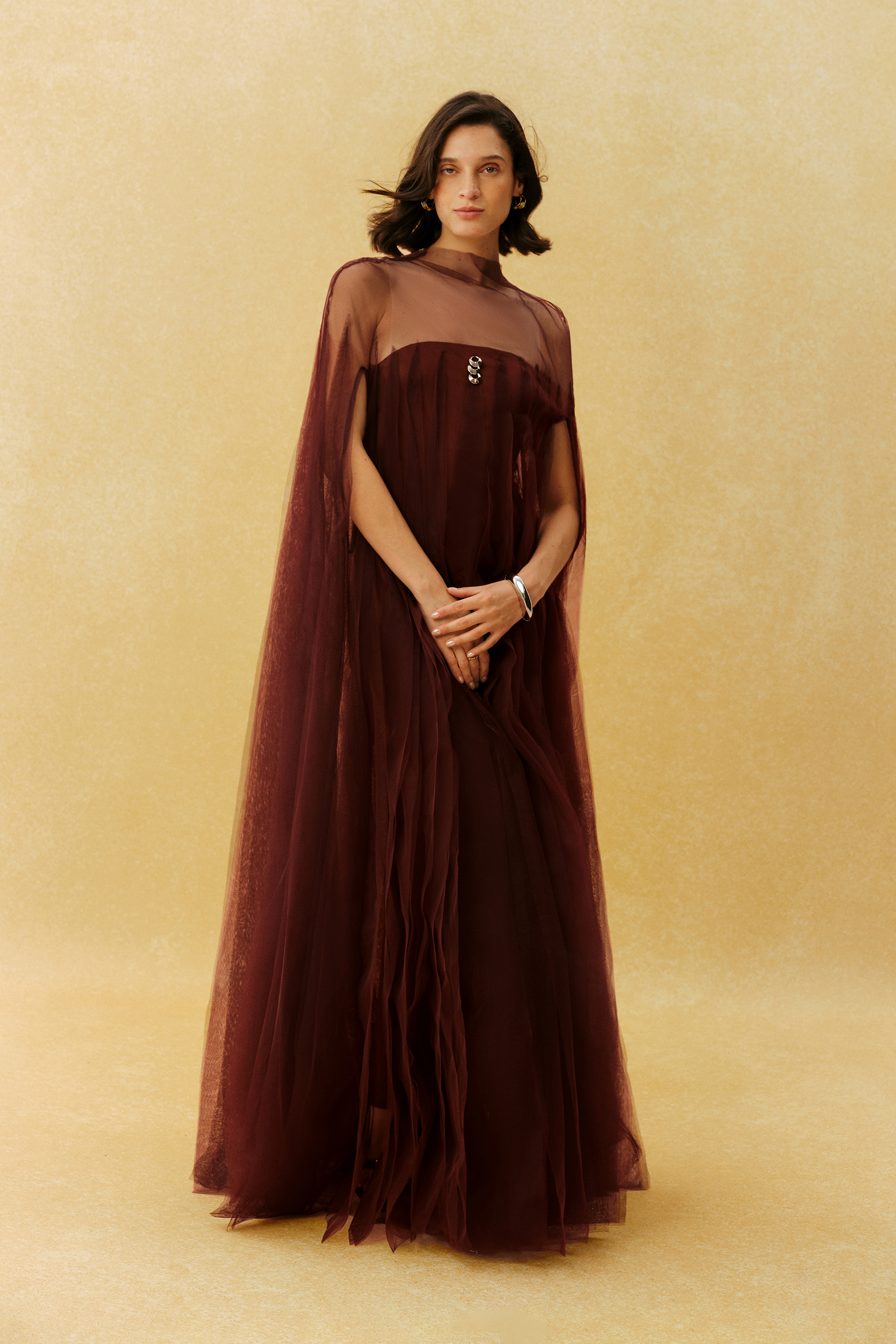 Main Character Burgundy Layered Ruffle Sheer Tulle Maxi Dress