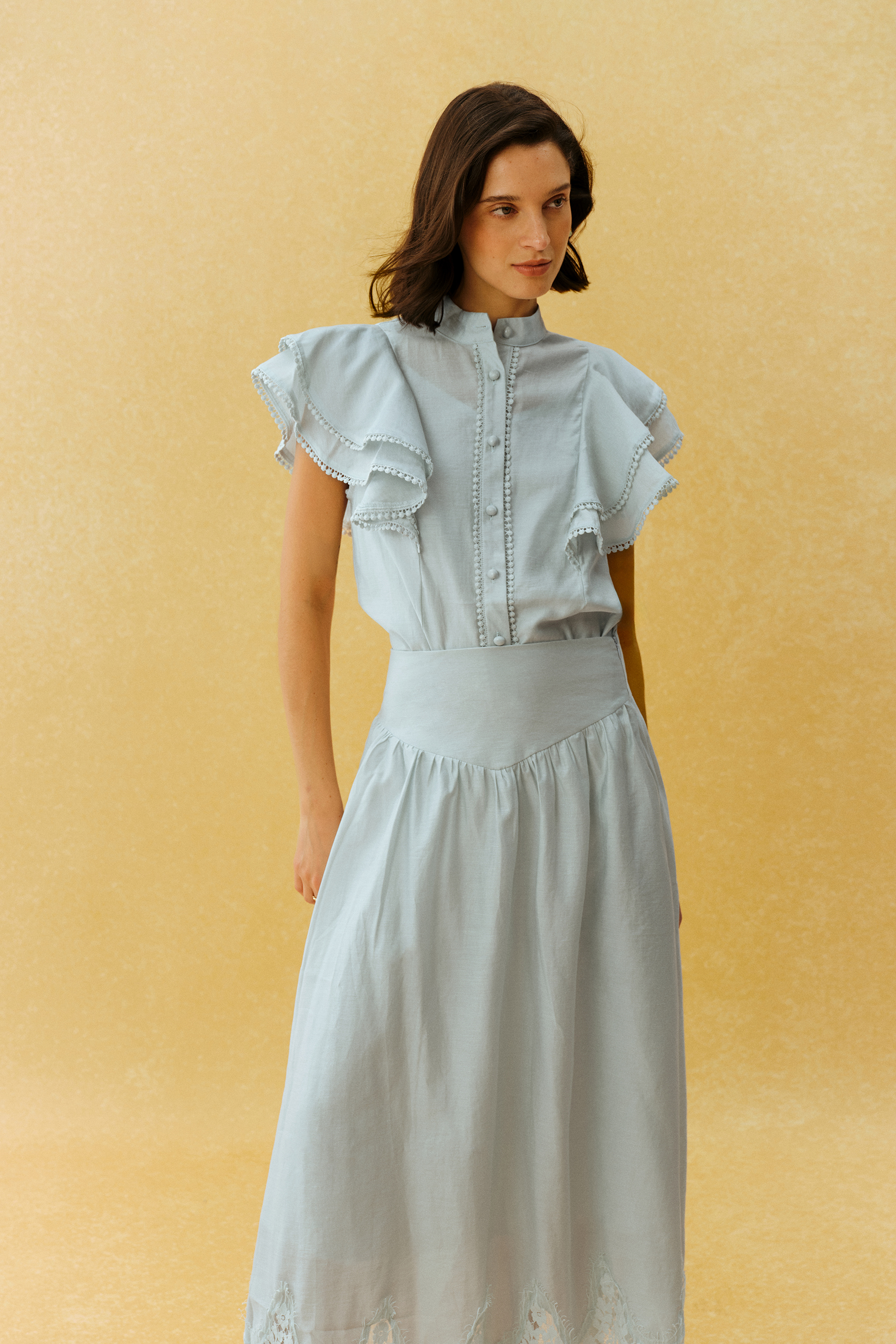City Romance Blue Ruffle Sleeve Blouse & Lace Hem Skirt Set