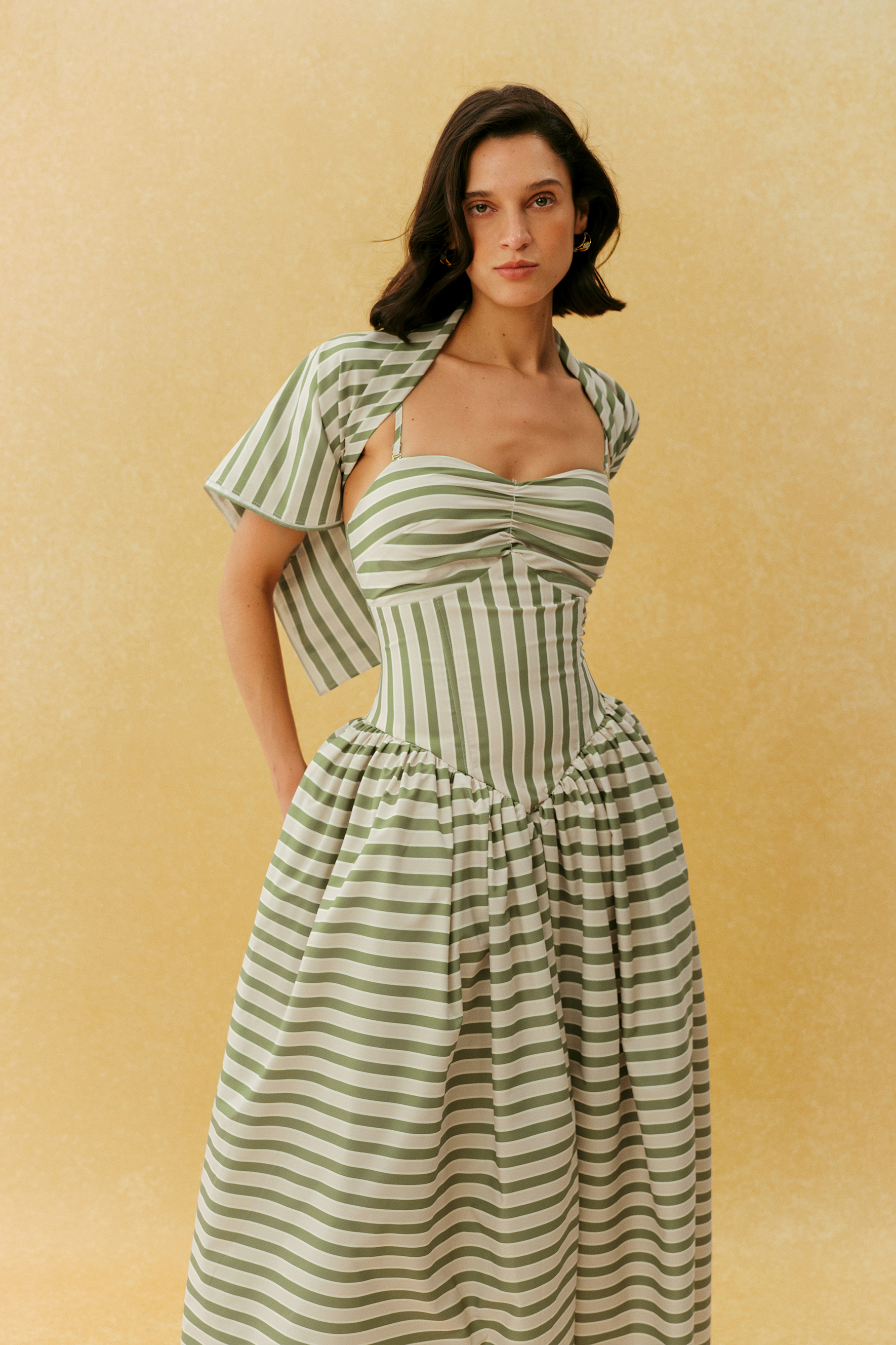 Adorable Impression Beige Stripe Spaghetti Strap Maxi Dress With Headscarf