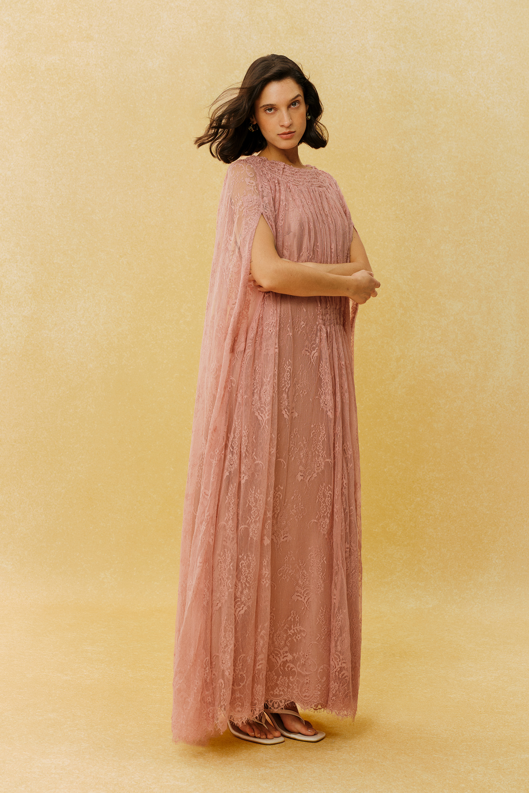 Can't Look Away Pink Floral Lace Cape Sleeve Maxi Dress