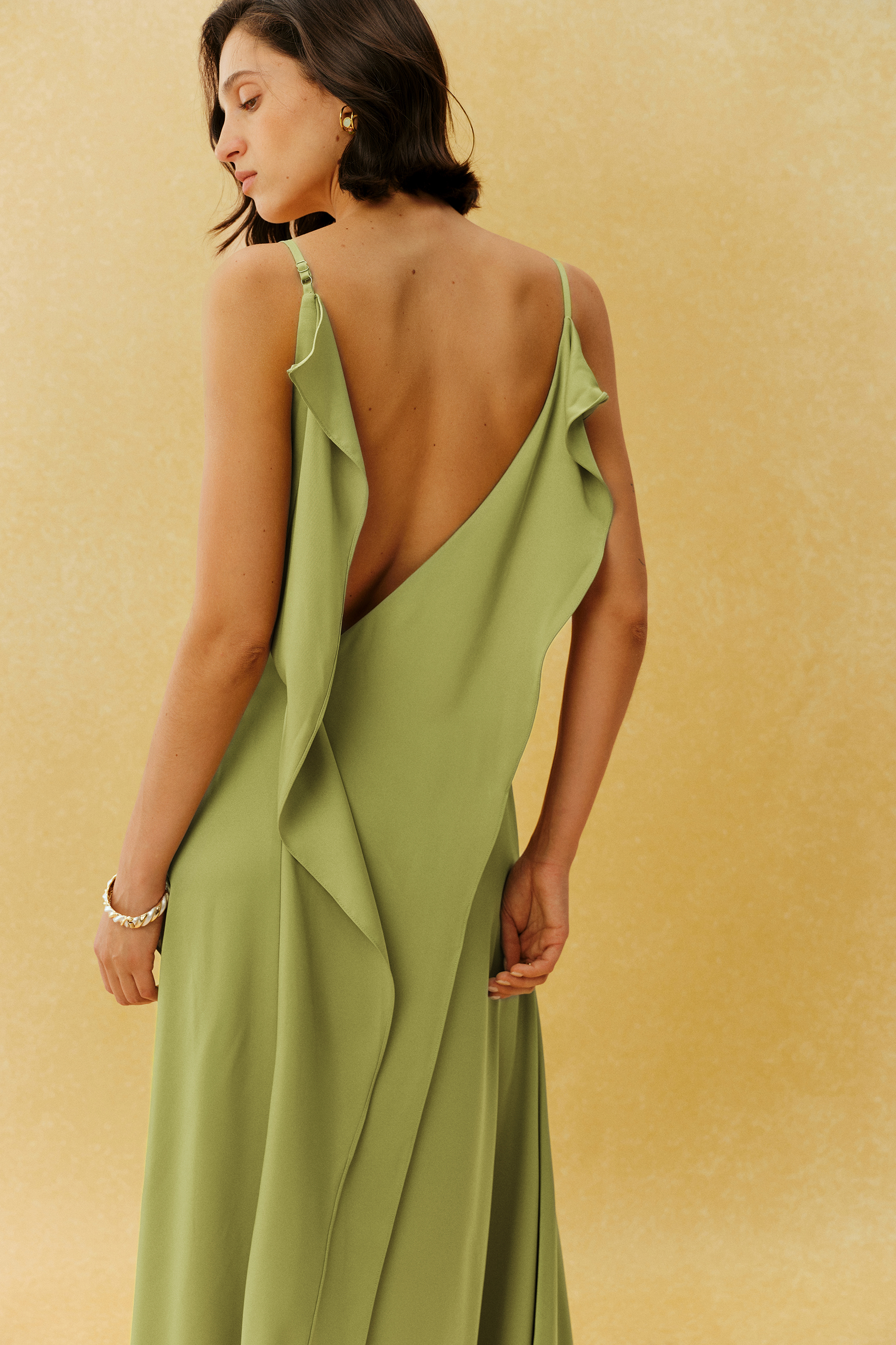 Paula Backless Ruffle Detail Satin Maxi Dress
