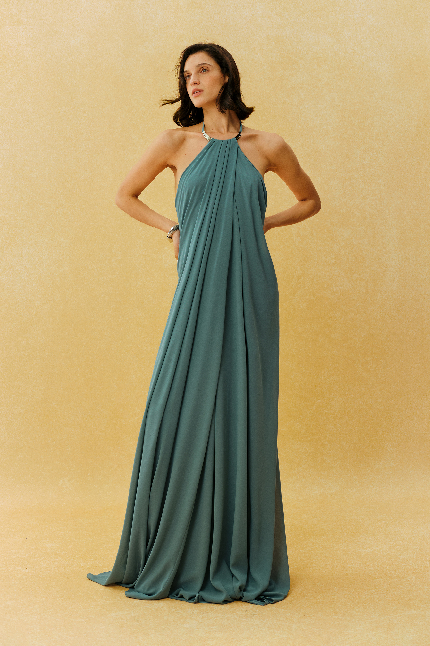 Keep Me Close Sage Green Metal Halter Draped Maxi Dress