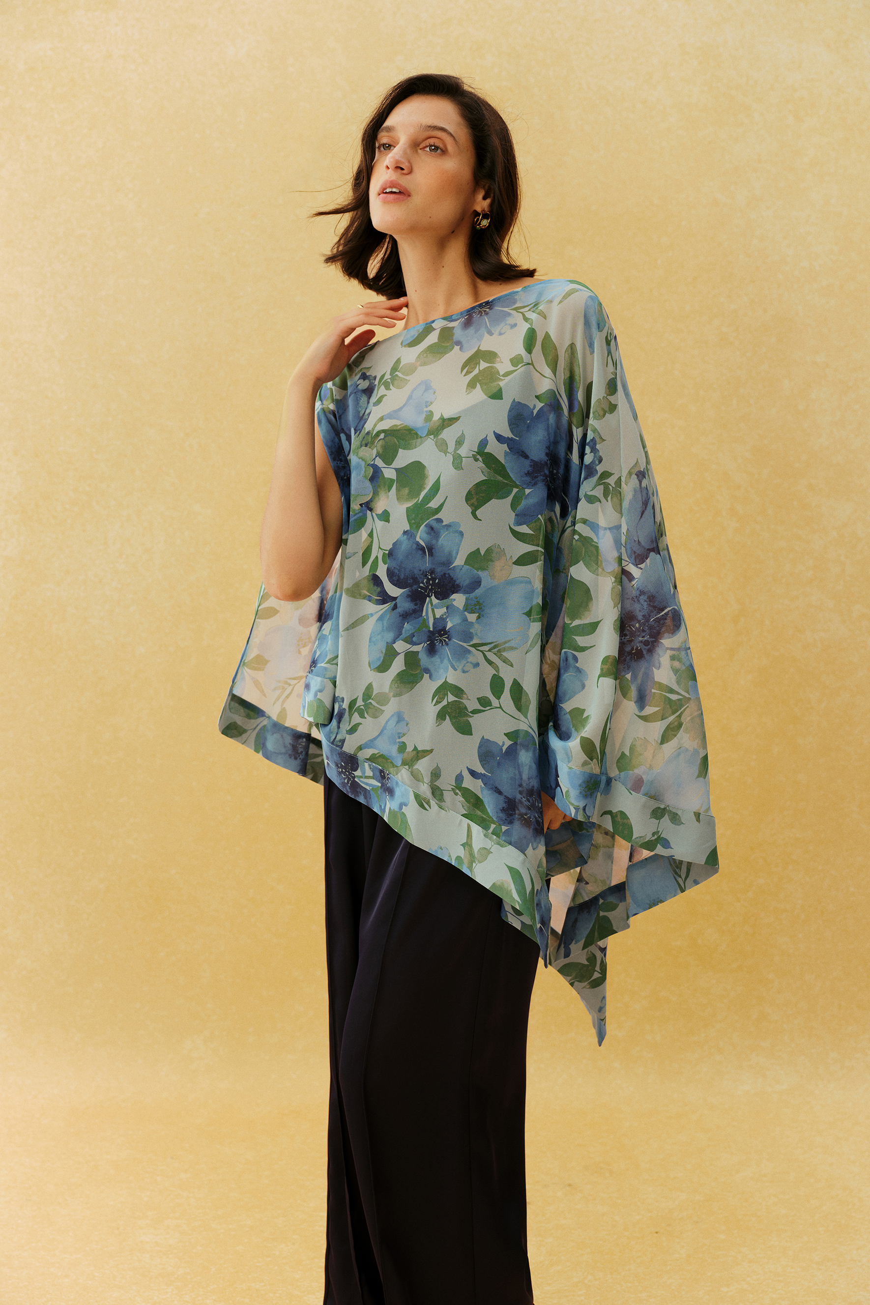 Feels Right Blue Floral Print Chiffon Cape Three Piece Set