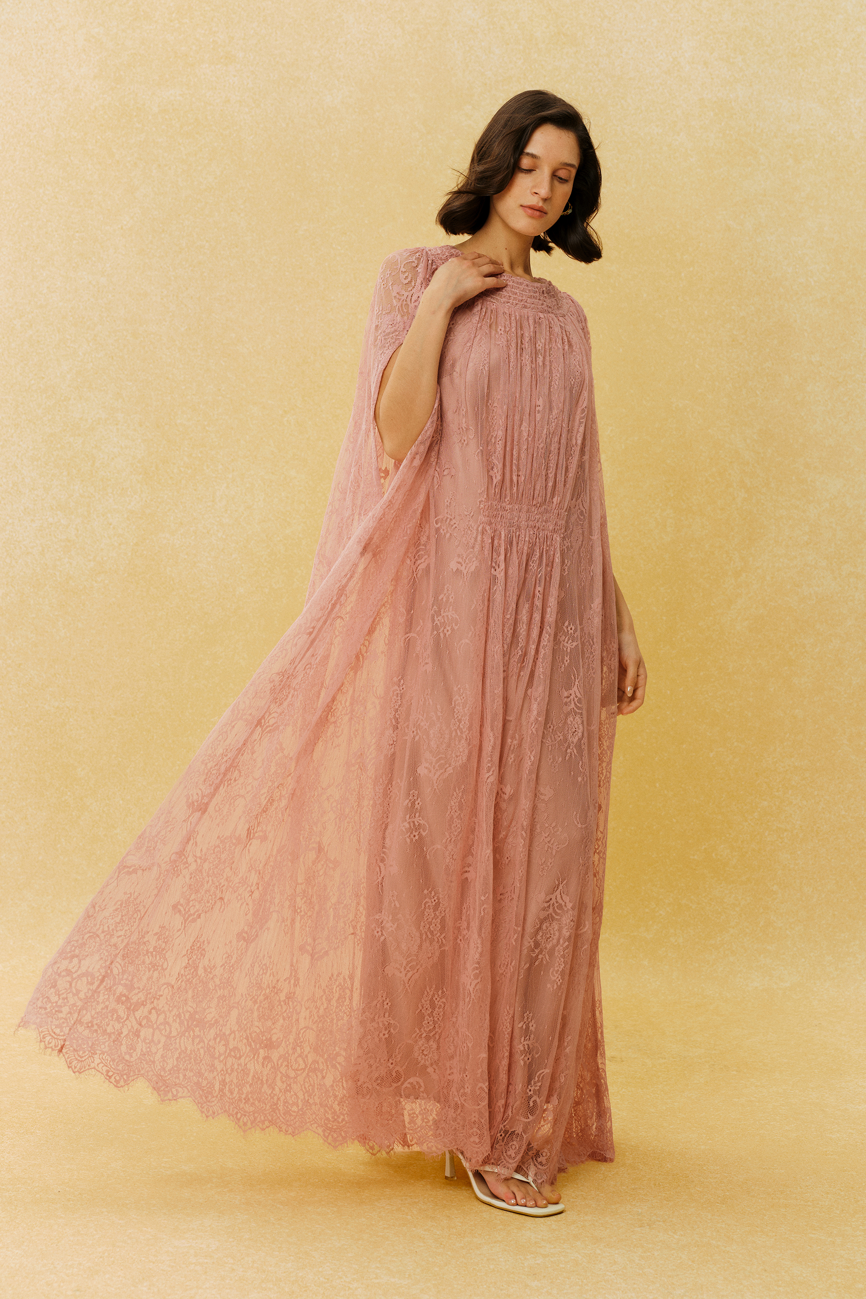 Can't Look Away Pink Floral Lace Cape Sleeve Maxi Dress