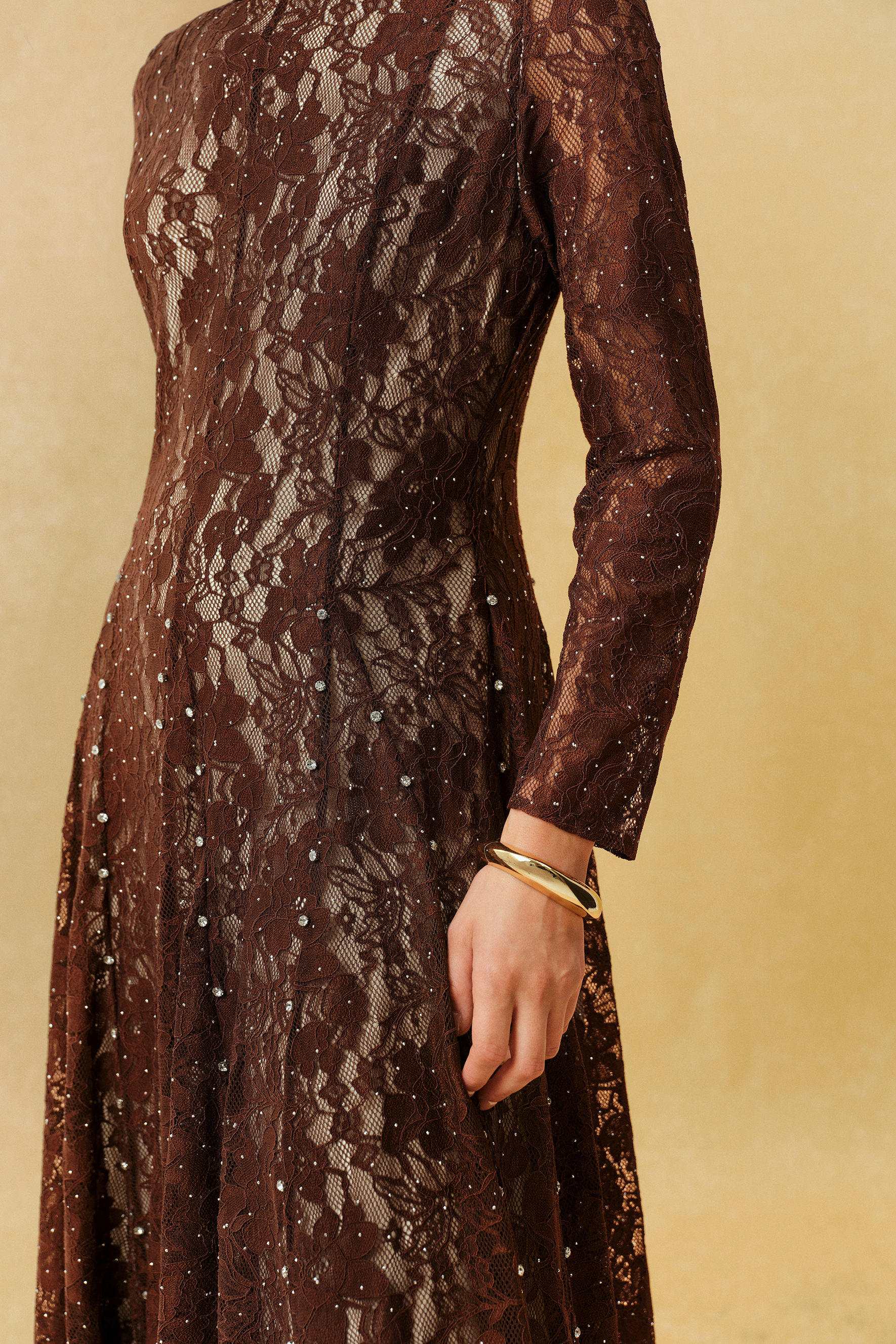 Little Secret Brown Floral Lace Embellished Long Sleeve Maxi Dress