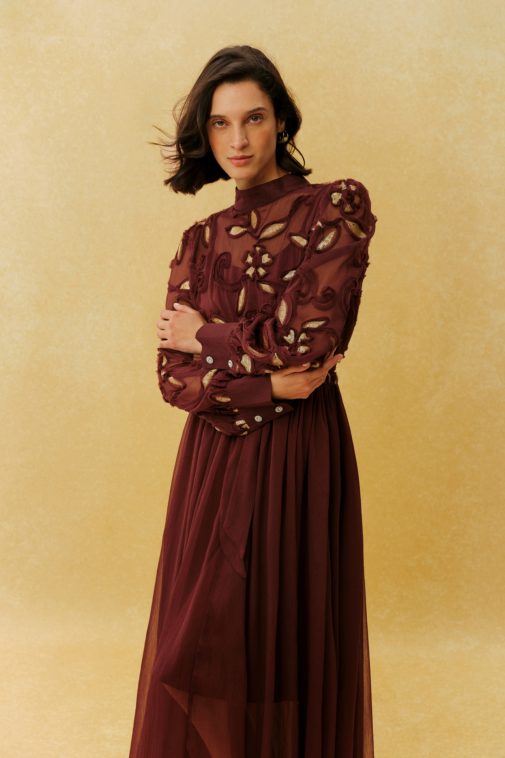 Autumn Affair Burgundy Floral Embroidery Long Sleeve Maxi Dress