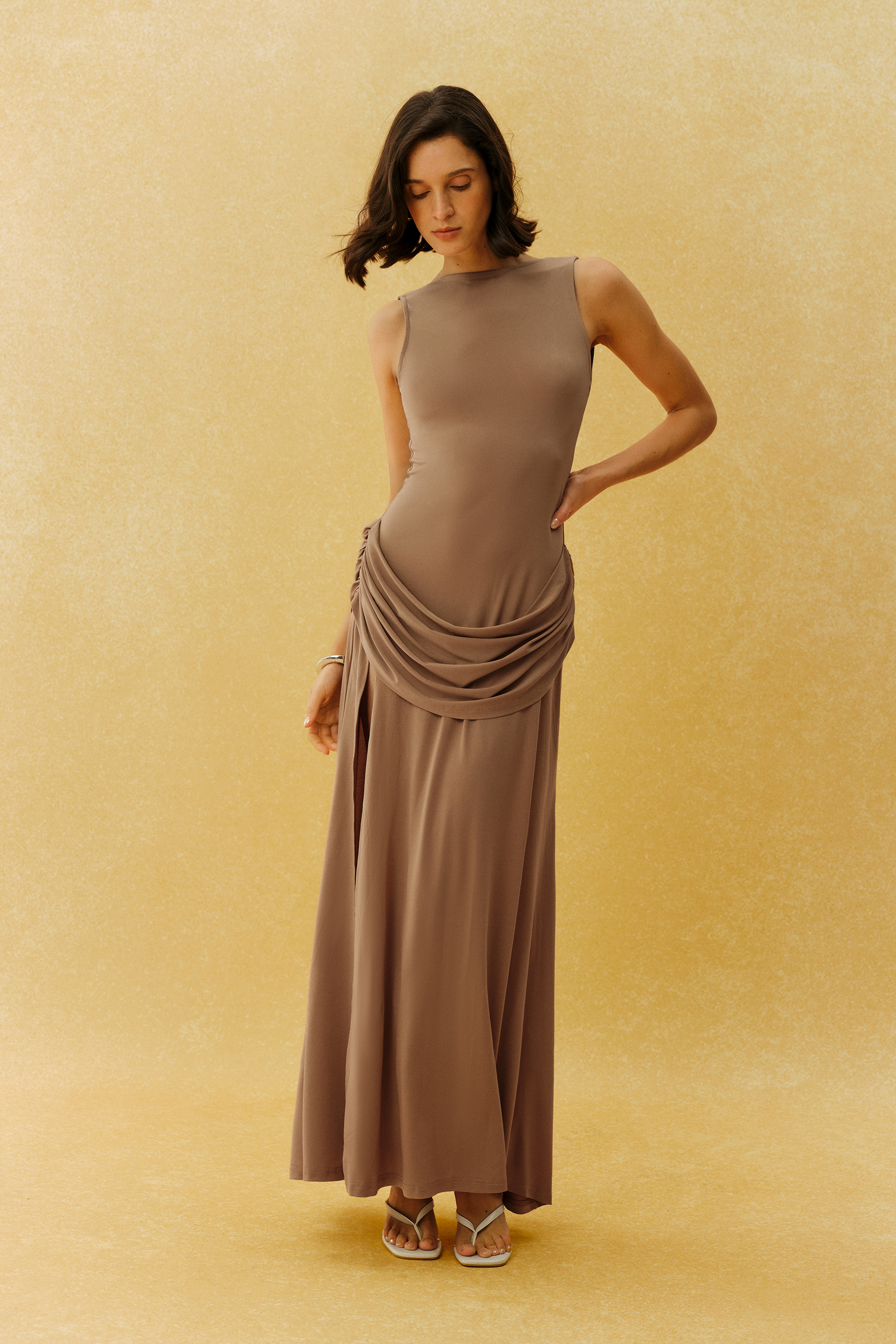 Delicate Love Taupe Brown Sleeveless High Slit Maxi Dress