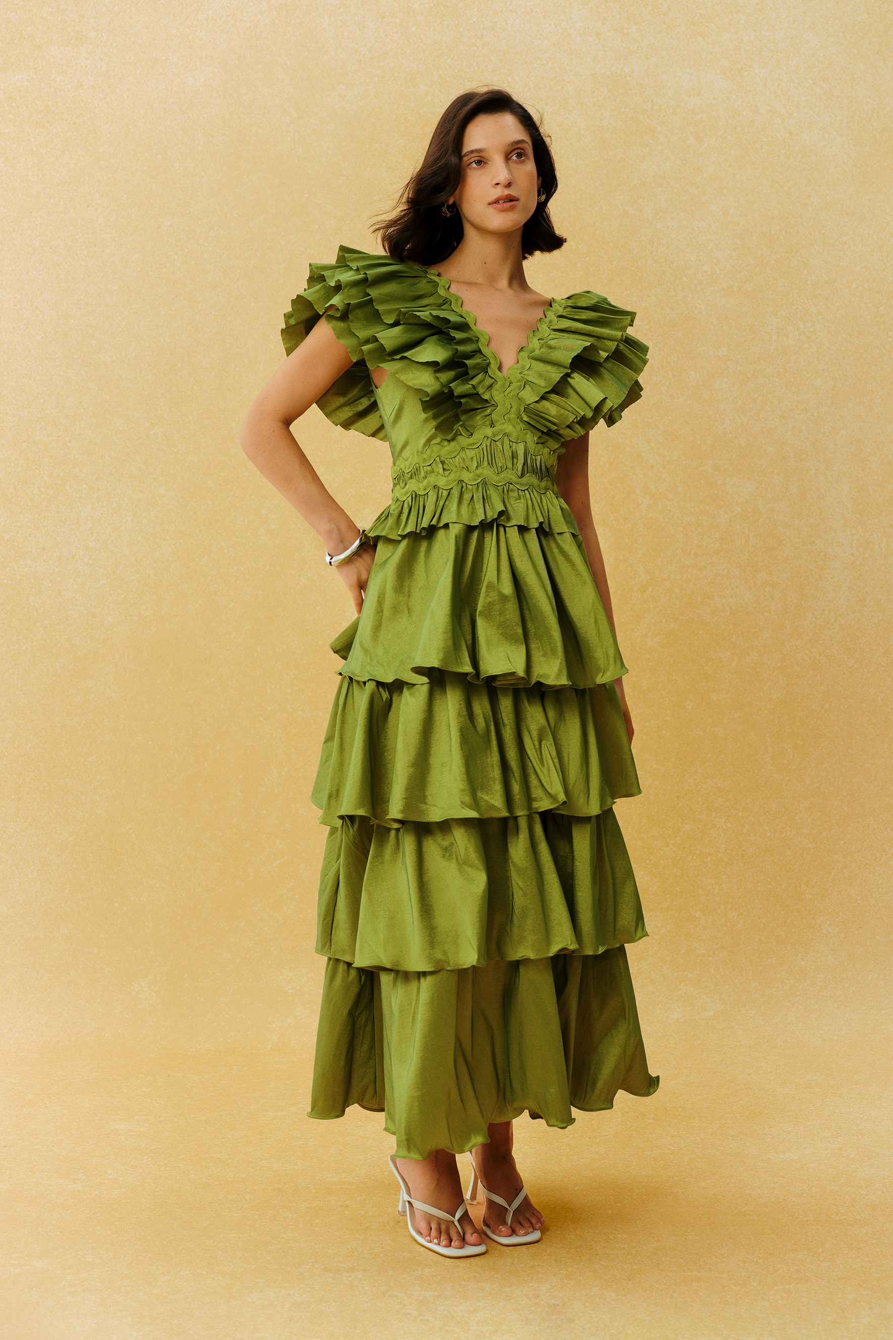 Can't Look Away Green V Neck Ruffle Sleeve Tiered Maxi Dress