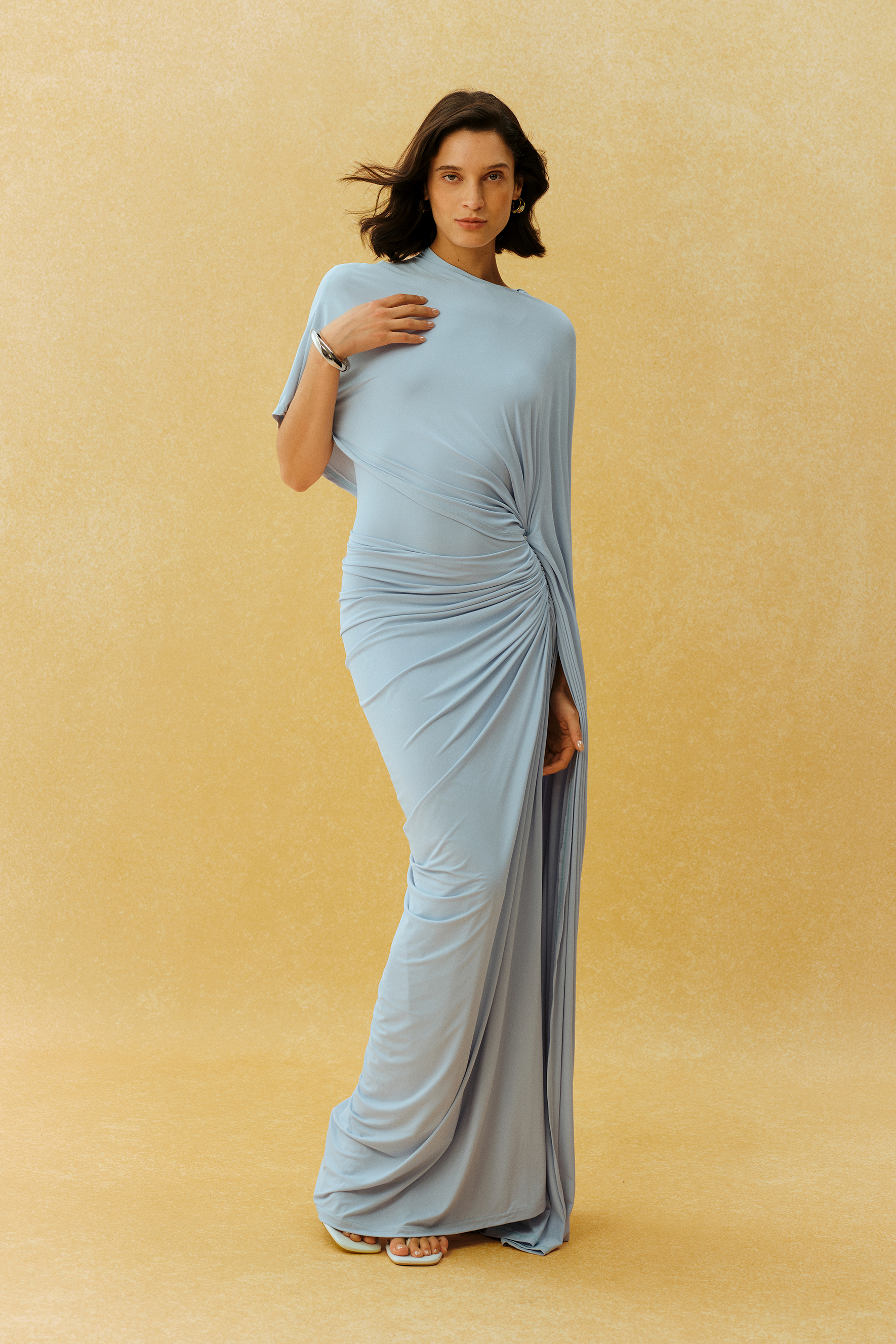 Stealing The Show Blue Asymmetric Cape Sleeve Ruched Maxi Dress