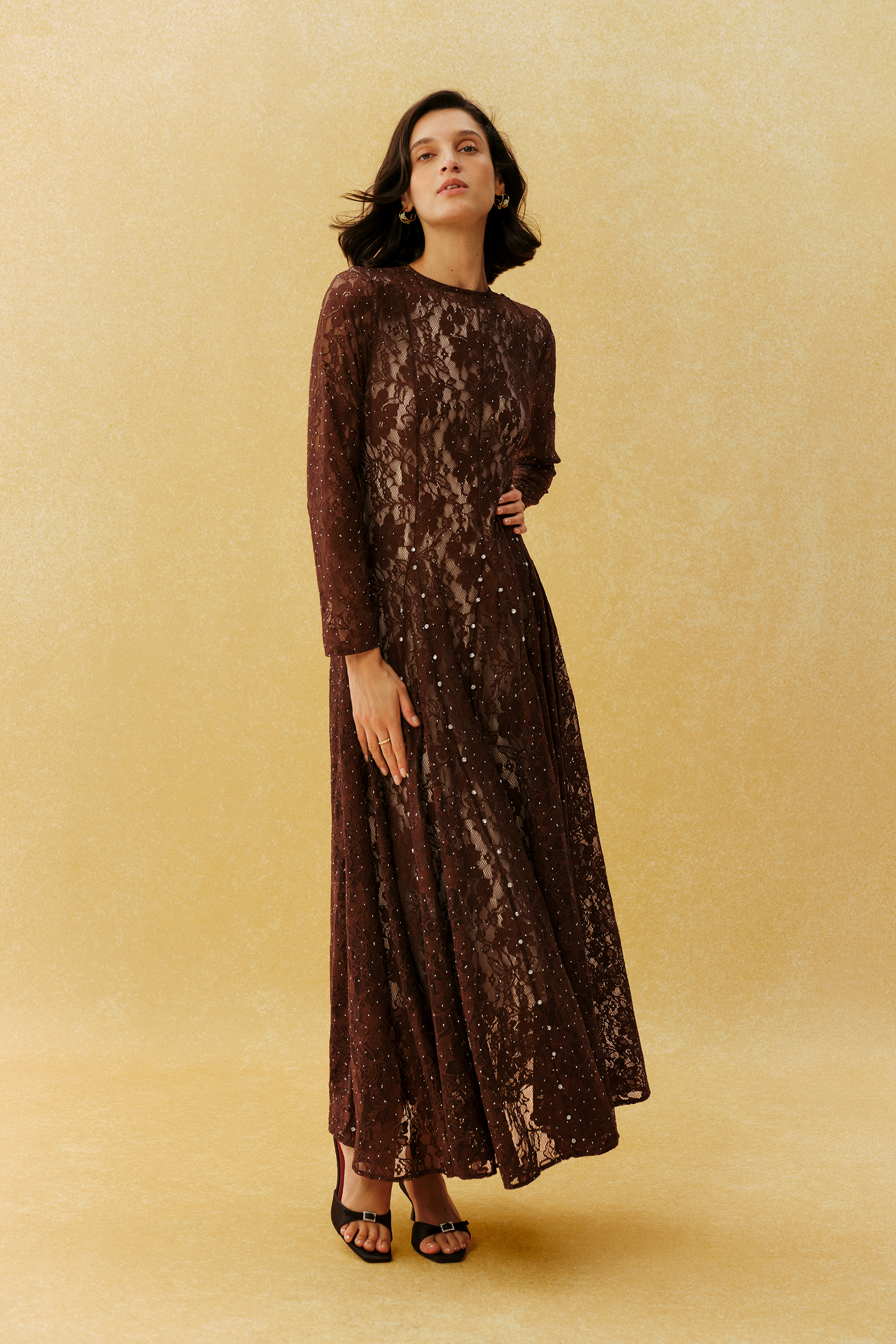 Little Secret Brown Floral Lace Embellished Long Sleeve Maxi Dress
