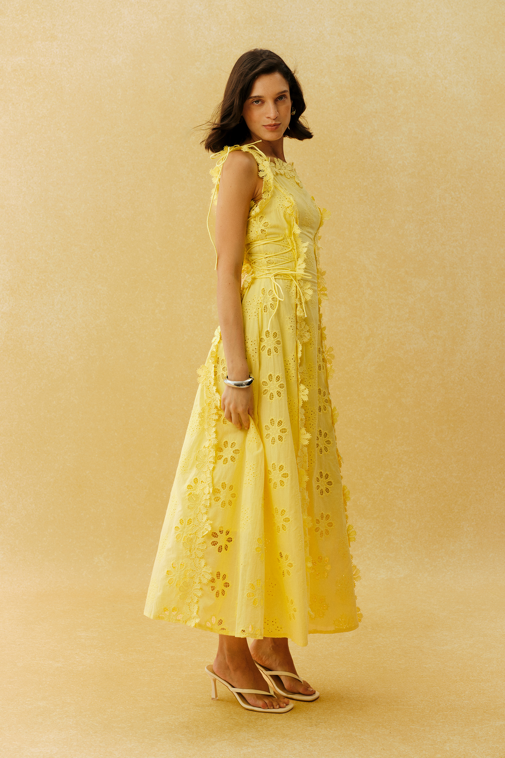 Runaway Darling Yellow Floral Embroidery Tie Strap Maxi Dress